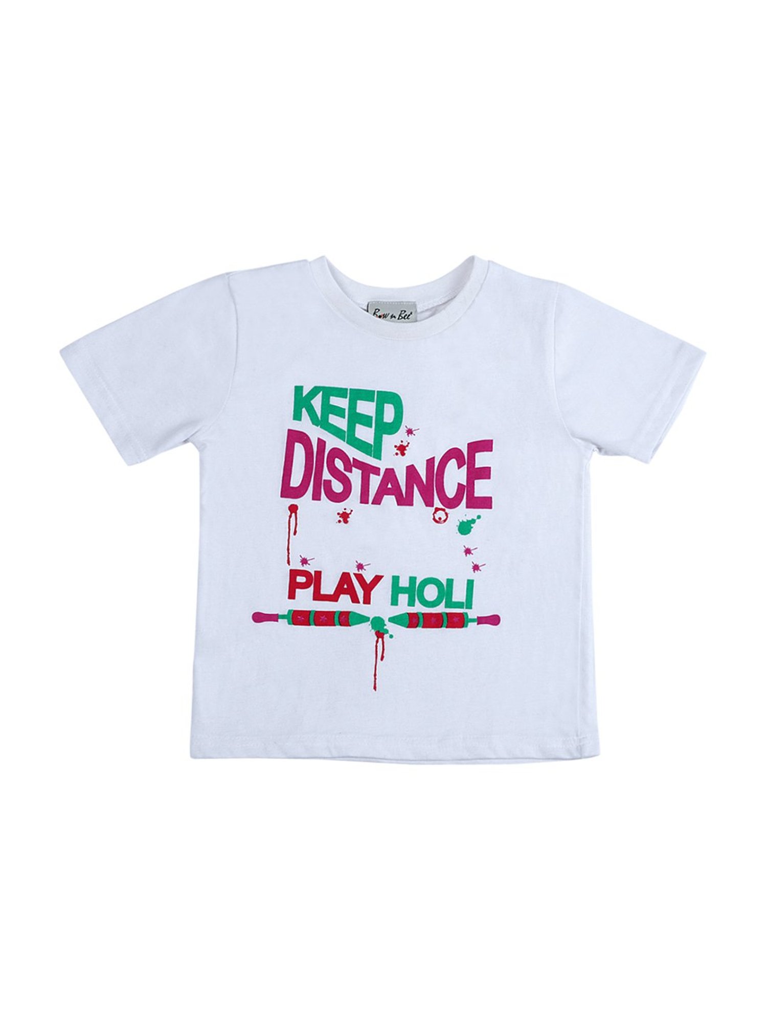 BownBee Kids White Cotton Holi Printed T-Shirt