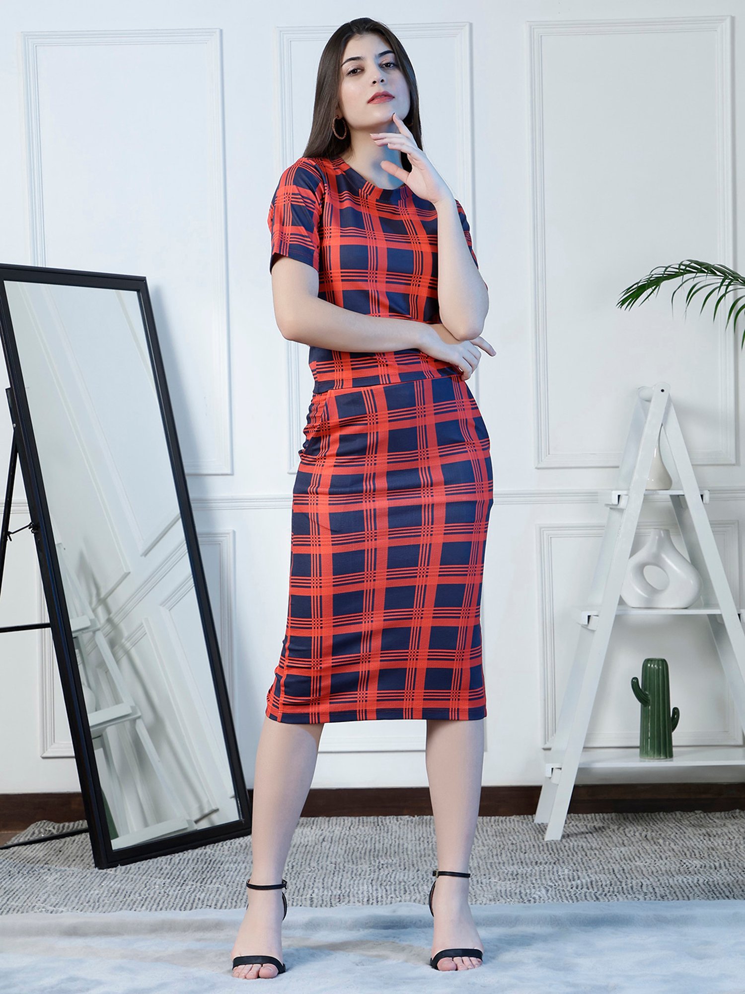 NEUDIS Red Checks Midi Skirt