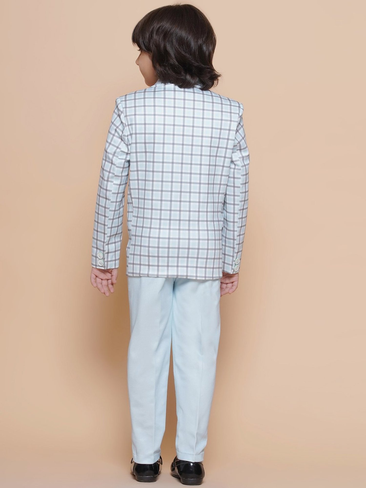 AJ Dezines Kids Sky Blue Checks Full Sleeves Shirt, Pants, Coat, Waistcoat with Tie