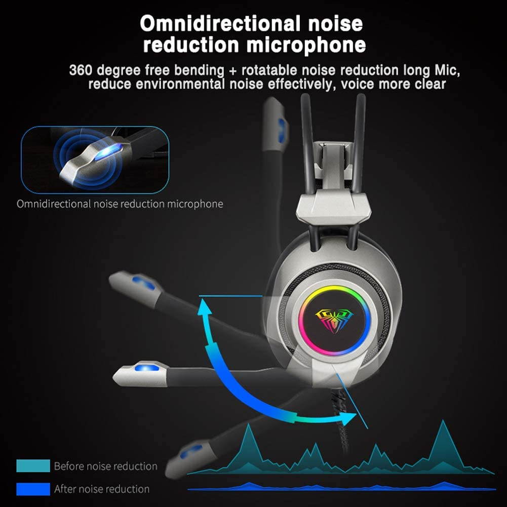 AULA S600 Professional Wired Gaming Headset Lightweight Noise Canceling Over-Ear PC Gaming Headphones with 360 Degree Rotation Omnidirectional Mic for Computer (7.1 USB)