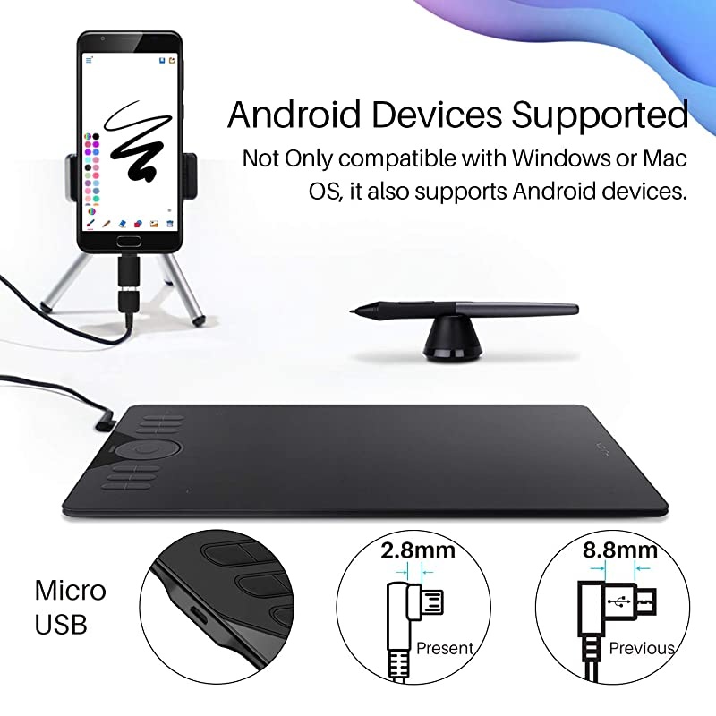 HS610 Graphics Drawing Tablet Android Devices Supported Tilt Function Battery-Free Stylus with 8192 Pen Pressure