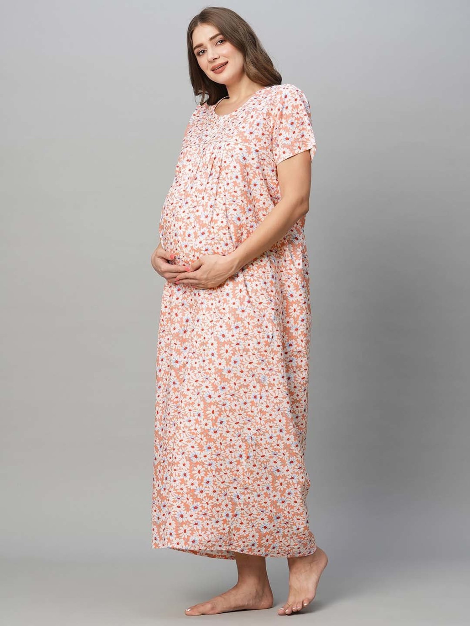 MomToBe Peach Floral Print Maternity Nighty