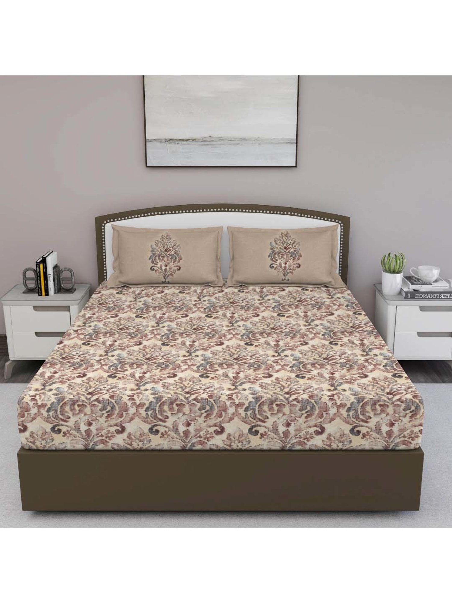 GM 'Fiesta' Brown Cotton 180 TC Double Bedsheet with 2 Pillow Covers