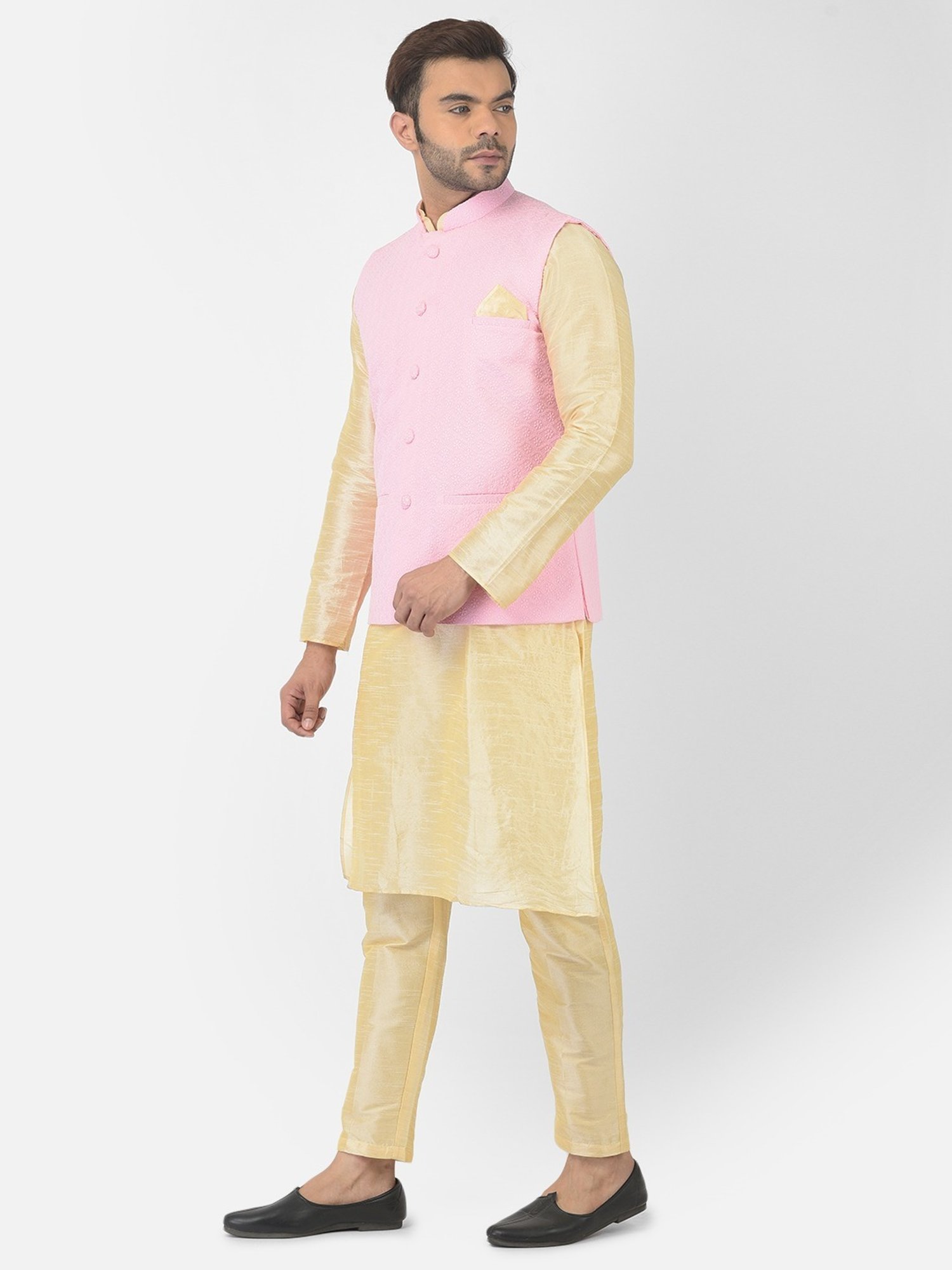 Deyann Pink & Yellow Regular Fit Embroidered Kurta Set With Jacket