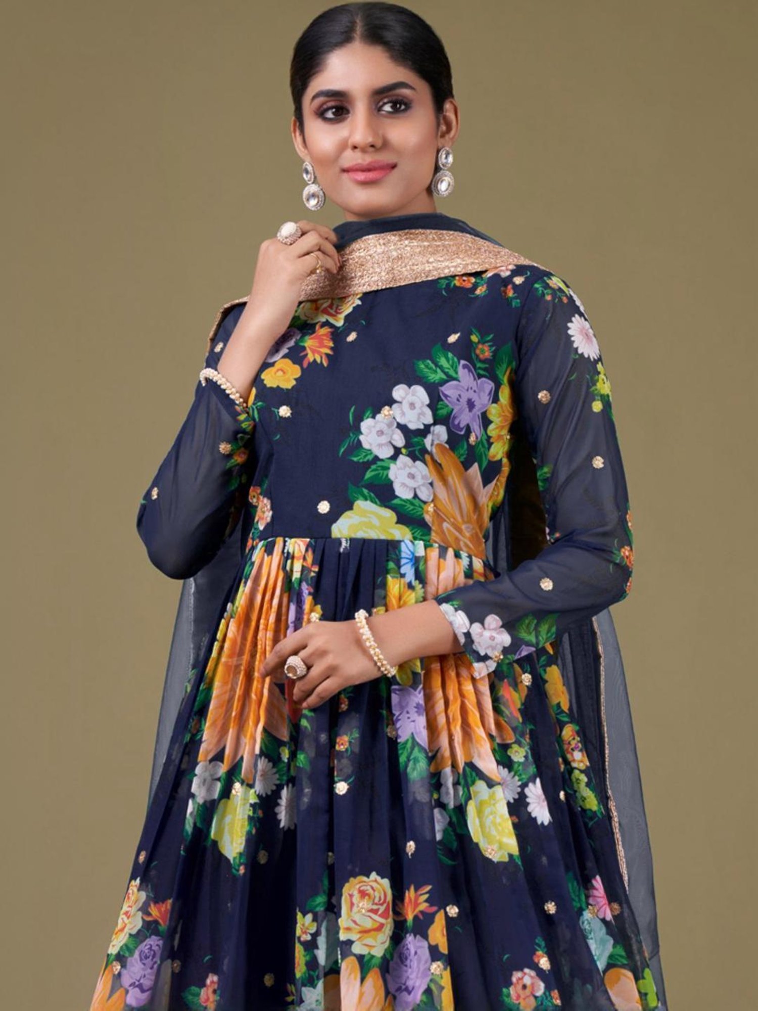 Odette Navy Floral Print Unstitched Dress Material