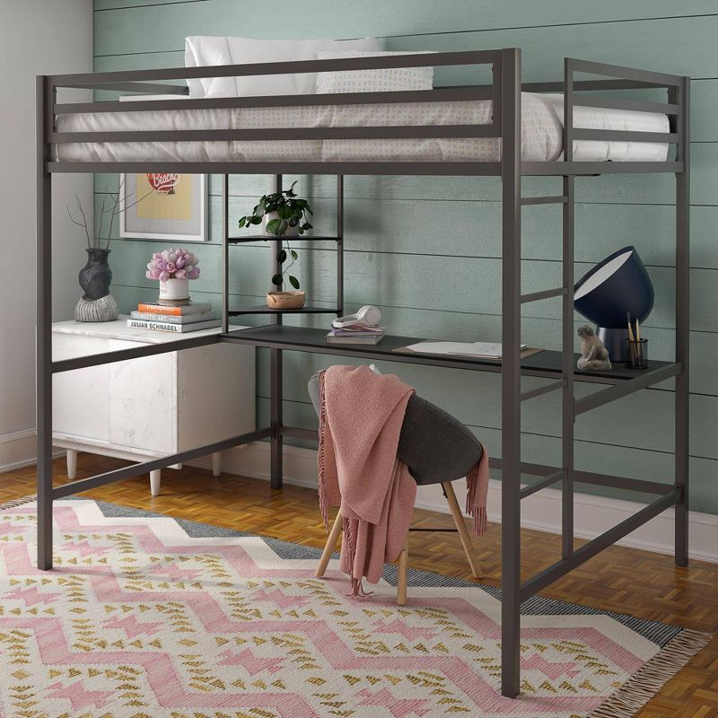 Full Maxwell Metal Loft Bedwith Desk & Shelves Gray/Black - Novogratz