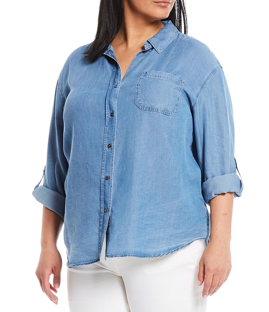 Westbound Plus Size Indigo Button Down Point Collar Roll-Tab Long Sleeve Button Front Shirt