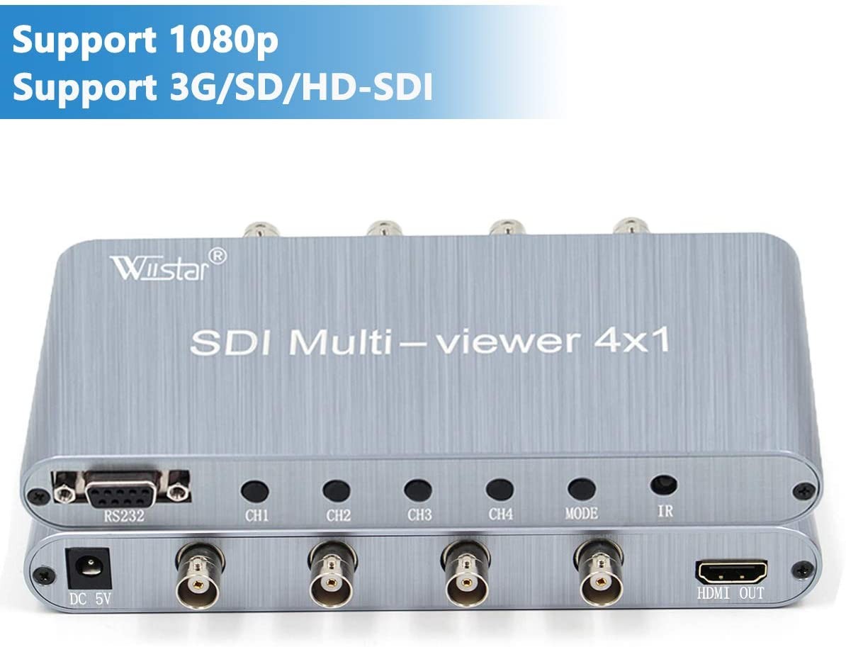 SDI Multi-Viewer 4X1 SDI to HDMI 4 SDI in 1 HDMI Out 1080p@60HZ Support SD/HD/3G-SDI RS232 SDI Quad Switcher for PC Video Conference TV Monitor-Silver