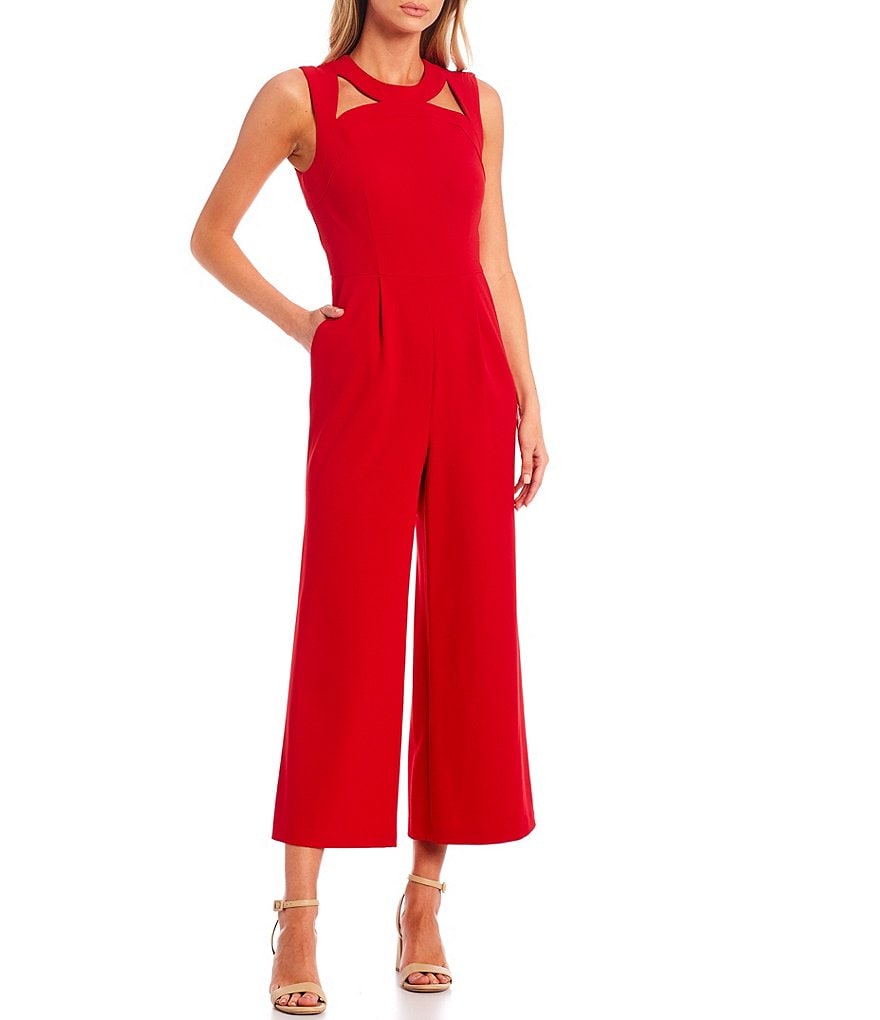 Calvin Klein Scuba Crepe Sleeveless Cut Out Crew Neck Cropped Jumpsuit