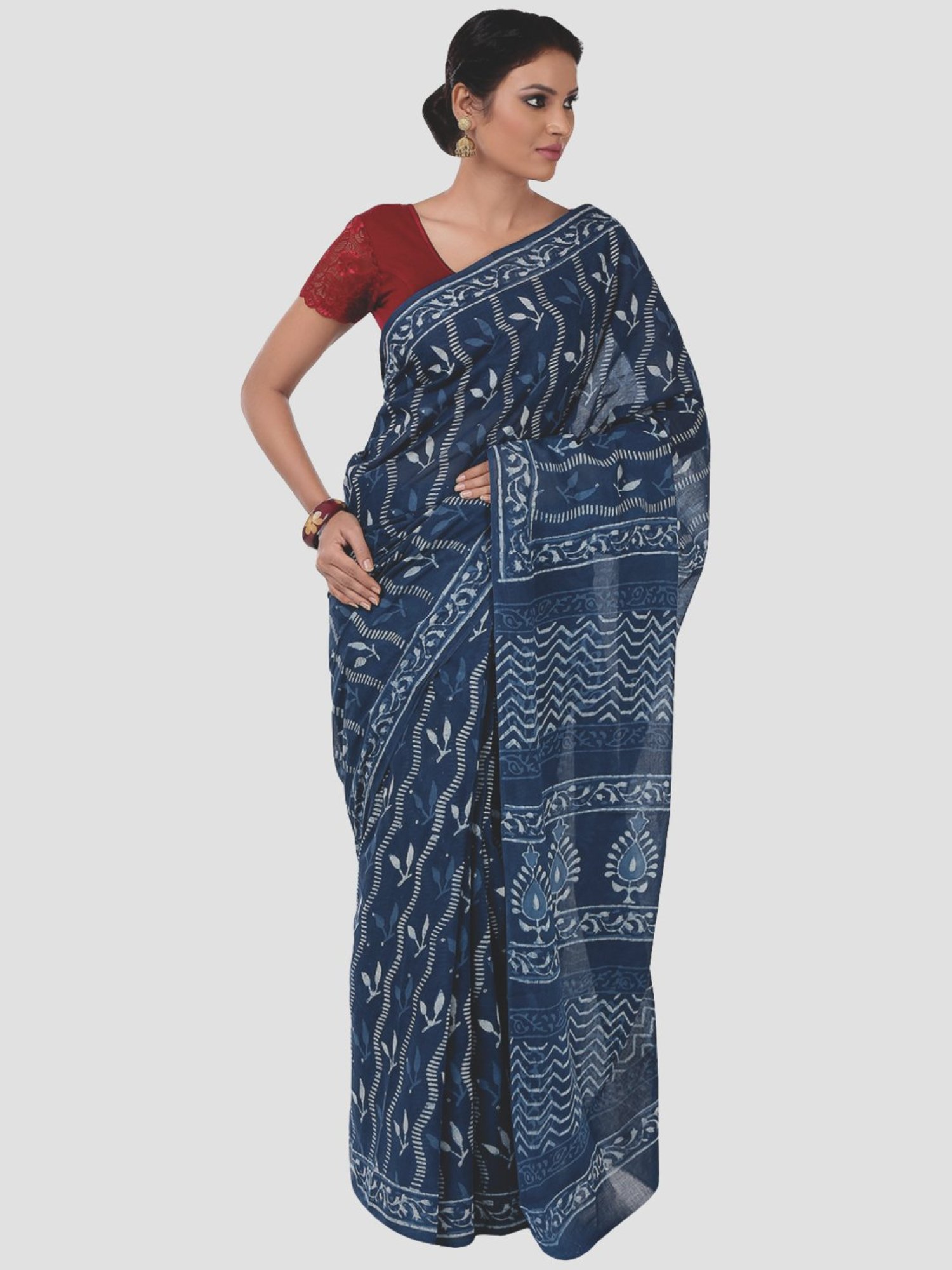Kalakari India Blue Cotton Printed Saree With Unstitched Blouse
