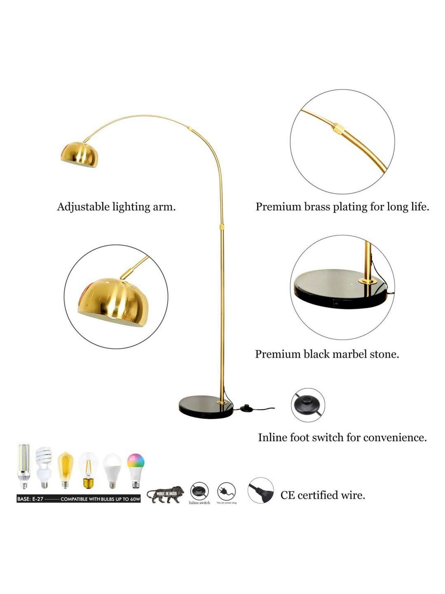Kapoor E Illuminations Gallow Arc Brass & Black Metal Single Light Floor Lamp
