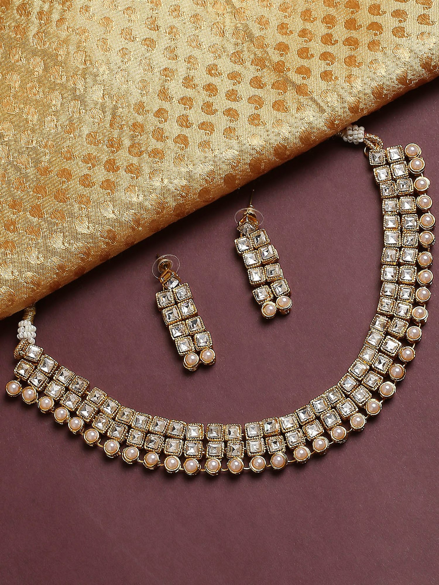 OOMPH Gold Tone Jadau Kundan & Pearl Delicate Choker Necklace Set with Drop Earrings