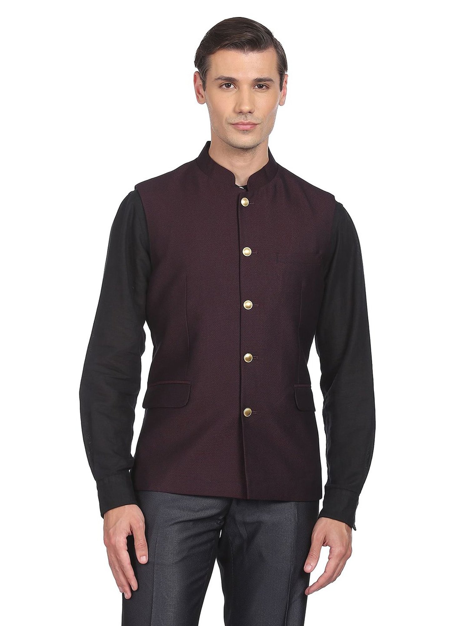 AD by Arvind Maroon Mandarin Collar Nehru Jacket