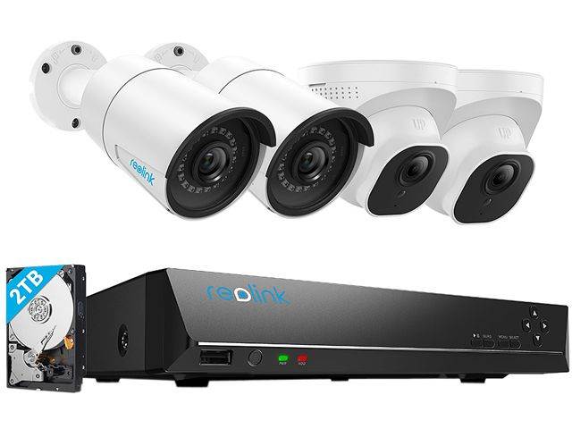 Reolink 8CH 5MP PoE IP Security Camera System, 4pcs Wired 5MP Outdoor PoE IP Cameras, 8MP/4K 8-Channel NVR with 2TB HDD for 24/7 Recording RLK8-520B2D2