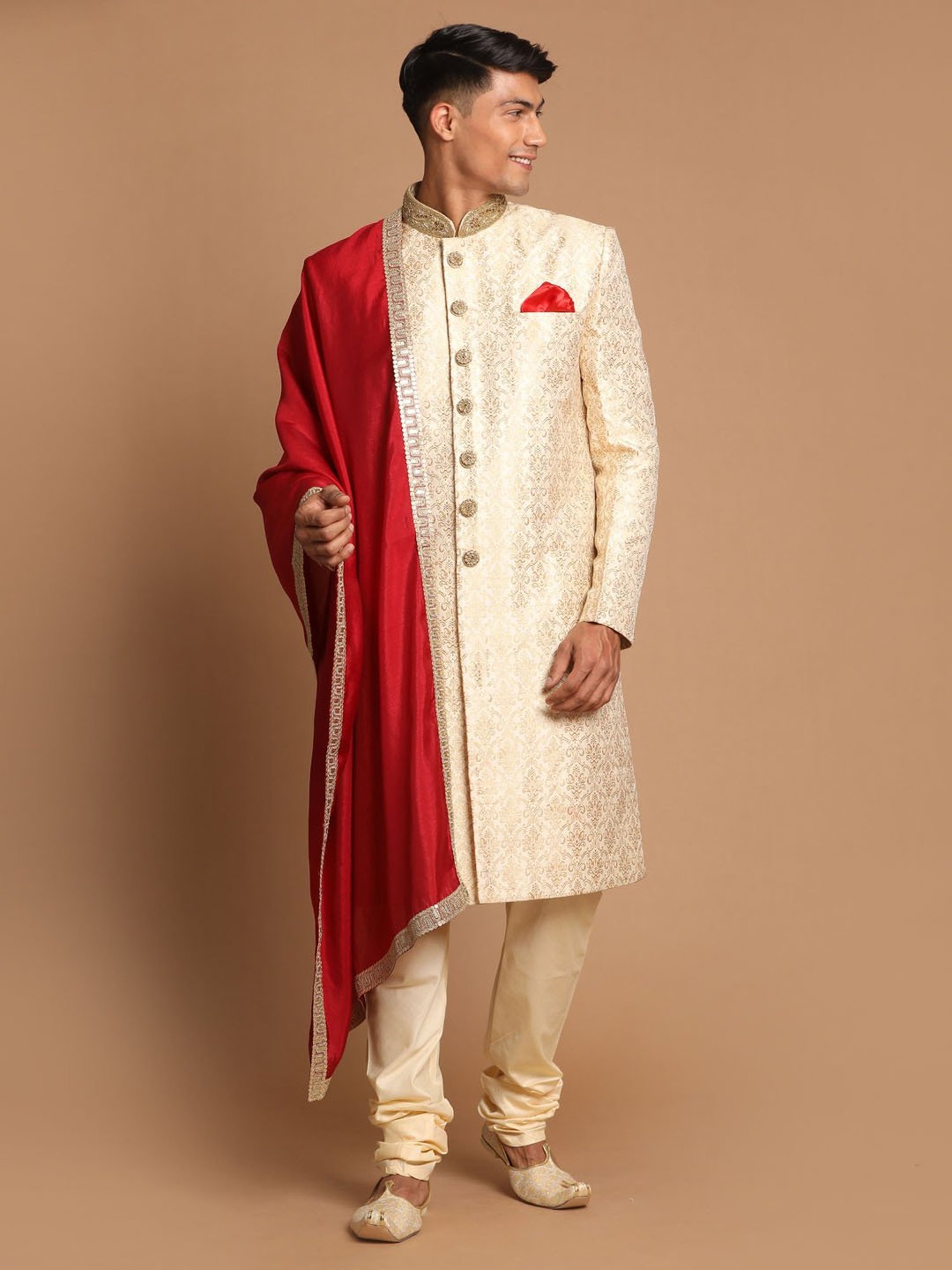 Benstoke Black & Maroon Regular Fit Sherwani Set