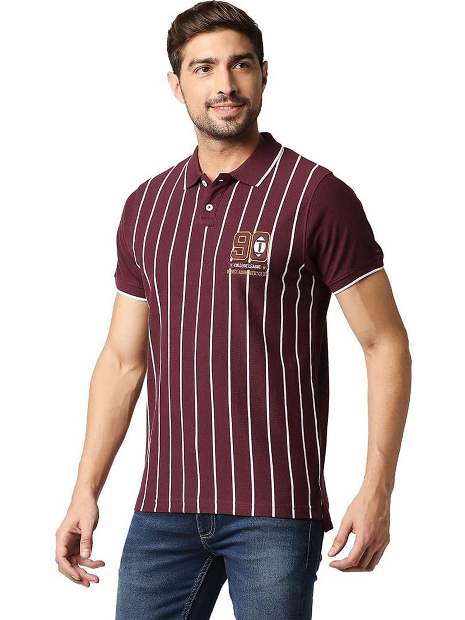 Basics Maroon Banner Cotton Muscle Fit Striped Polo T-Shirt