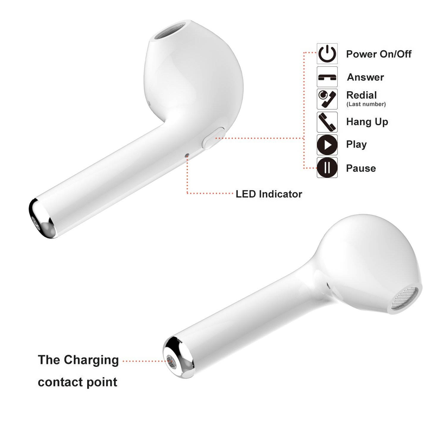 True Wireless Headphones, Bluetooth Earbuds Stereo Earphone Cordless Hand-free Headsets for Apple AirPods iphone 8, 8 plus, X, 7, 7 plus, 6s, 6S Plus with Charging Case- White