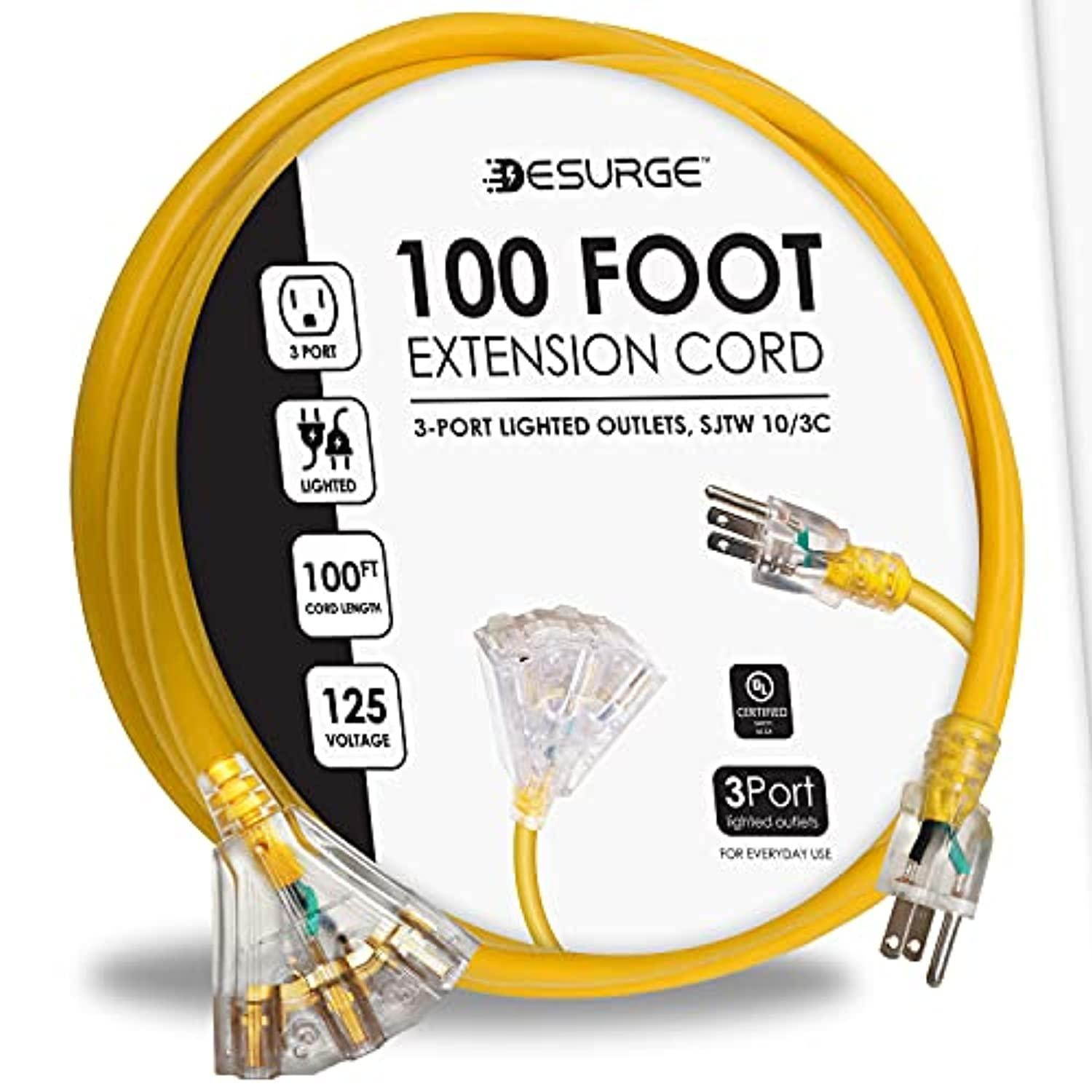 digital energy - outdoor heavy duty 10awg extension cord - 100 ft | 3 lighted outlets, 15a, 125v, 60hz, 1825w - ul listed (yellow)
