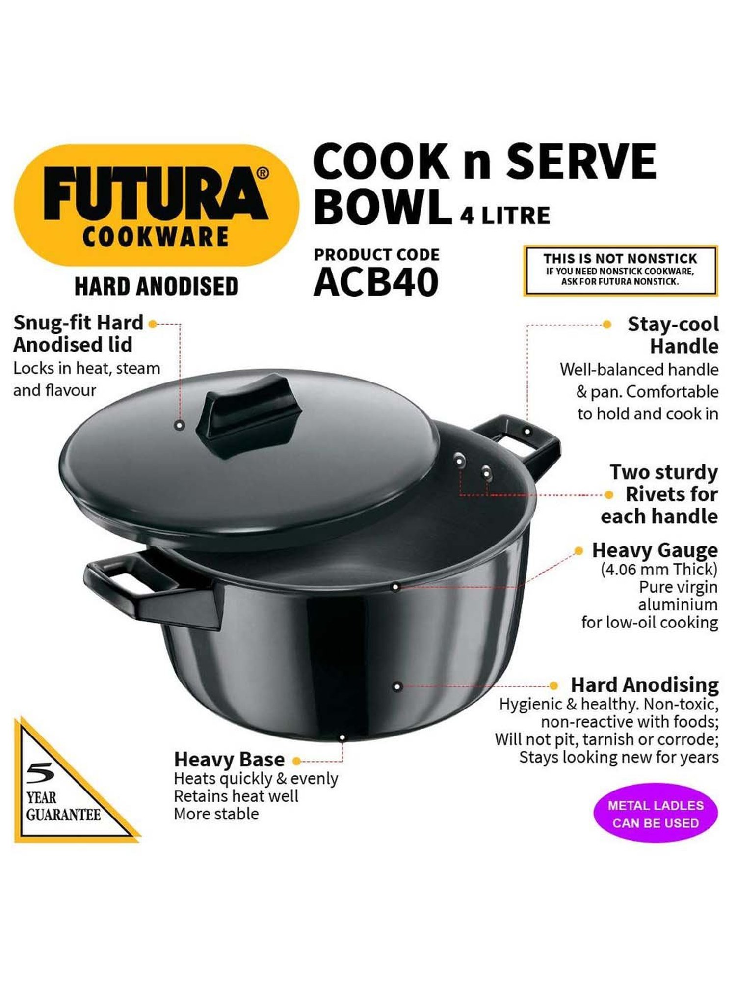 Hawkins Futura Black Nonstick Aluminium 23 cm Cook & Serve Pot with Lid, 4 L