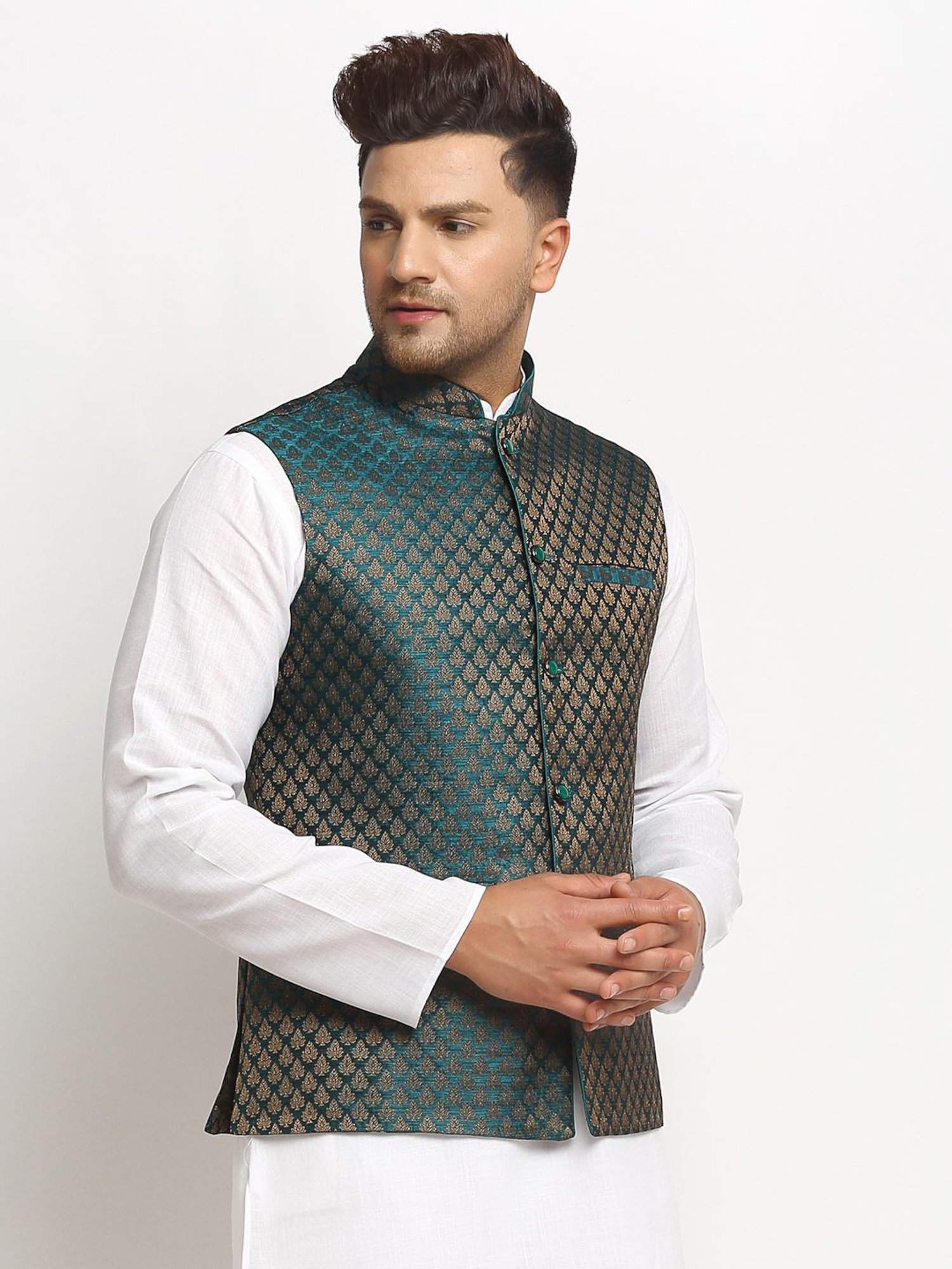Treemoda Dark Green Regular Fit Self Pattern Nehru Jacket