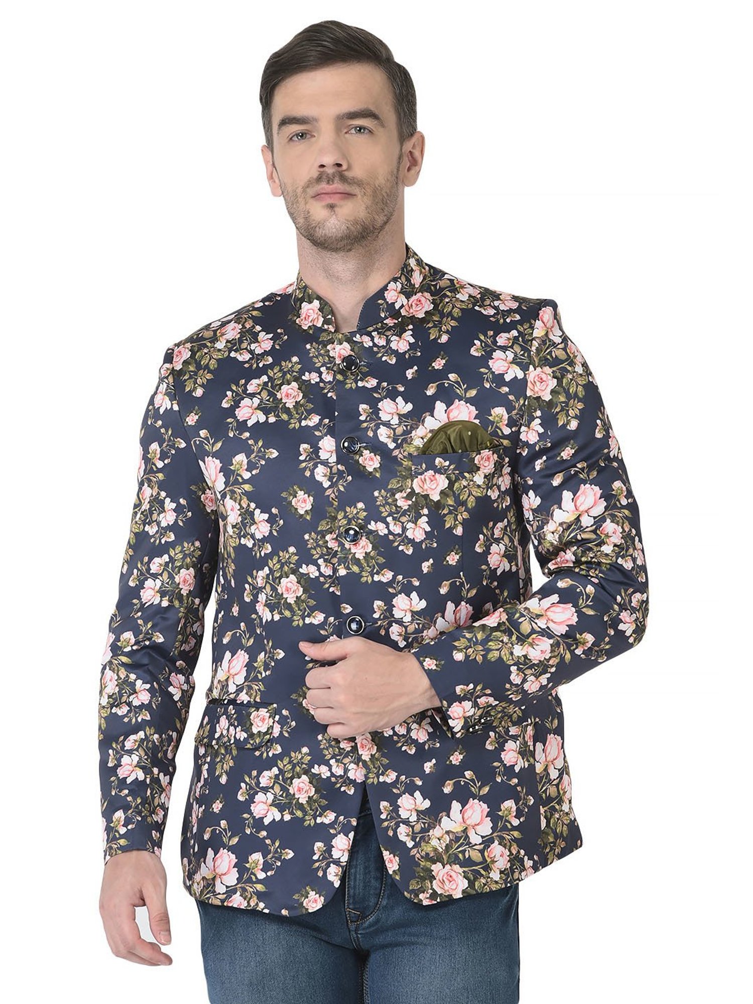 SG RAJASAHAB Navy Regular Fit Floral Print Blazer