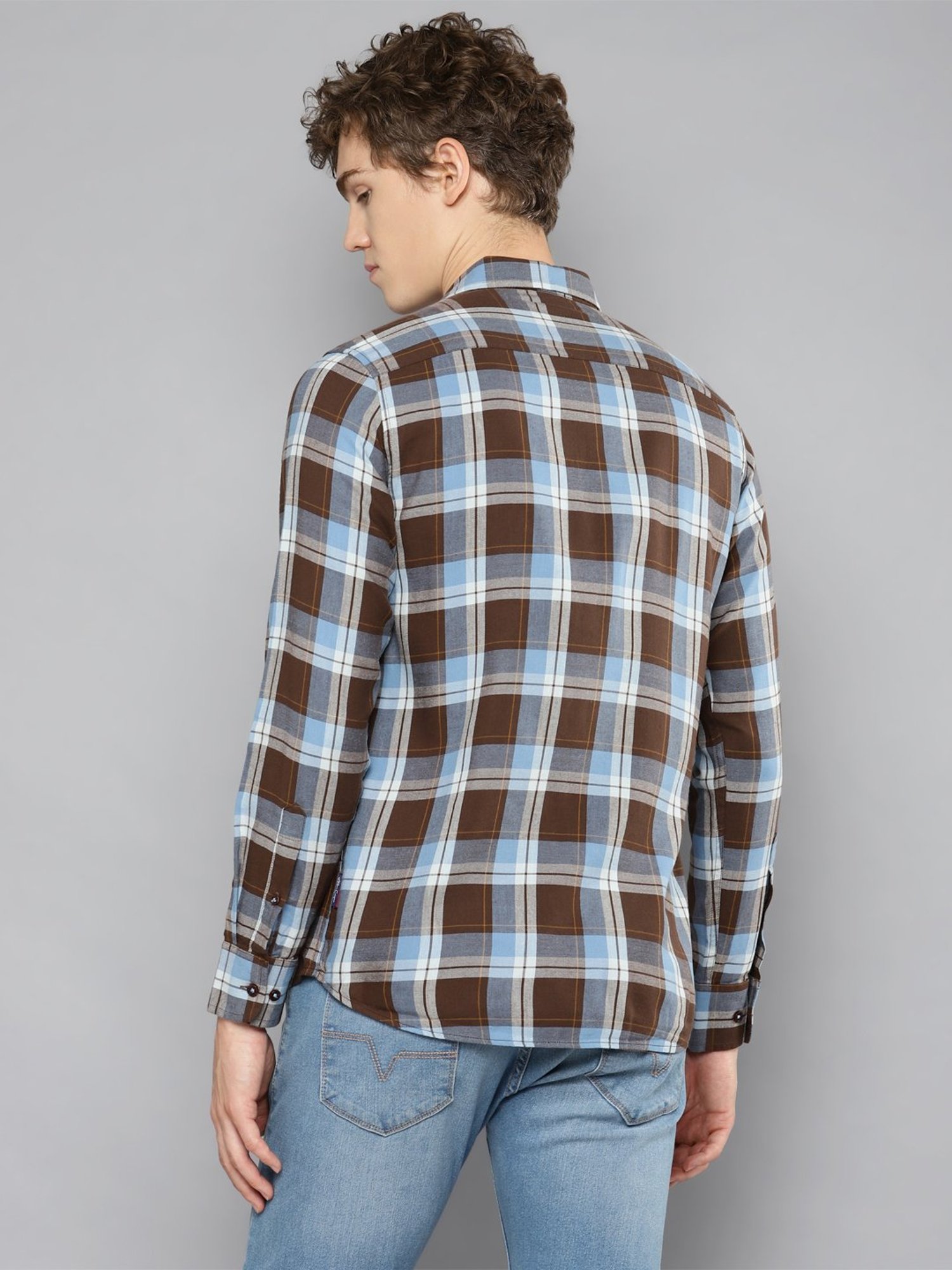 Allen cooper Brown & Blue Regular Fit Check Cotton Shirt