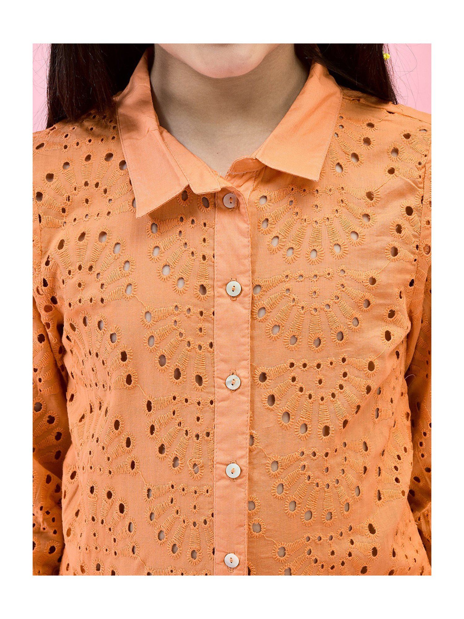 Juniper Girls Orange Self Design Shirt With Pants