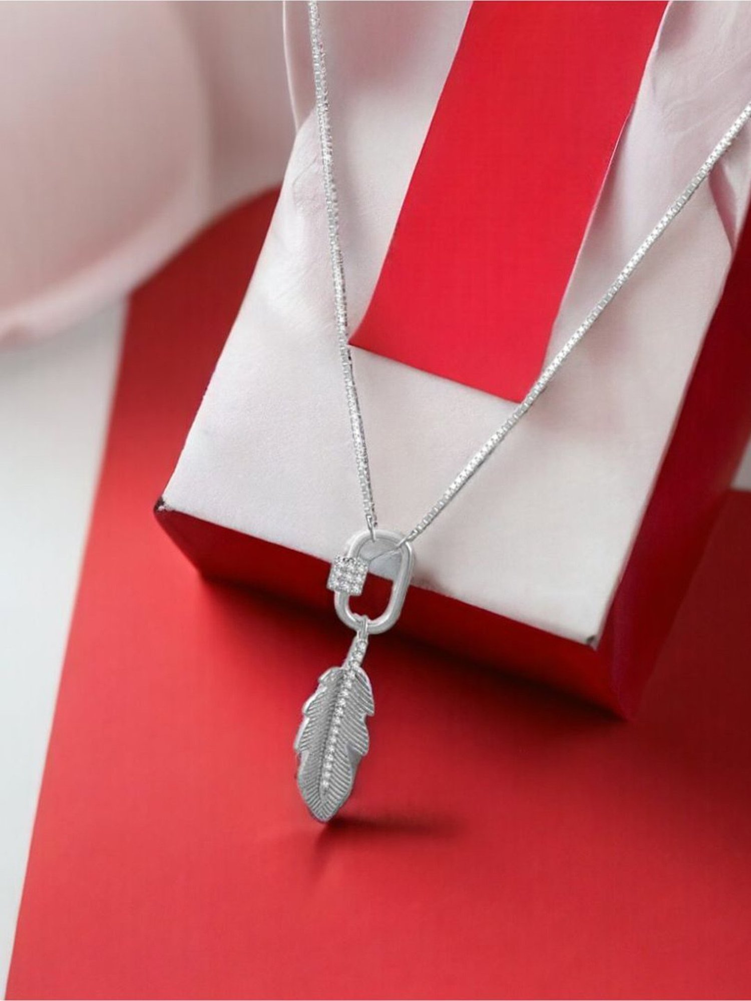 Rihi by P.C. Chandra Jewellers 92.5 Sterling Silver Drop Leaf Locket Chain Pendant for Women & Girls