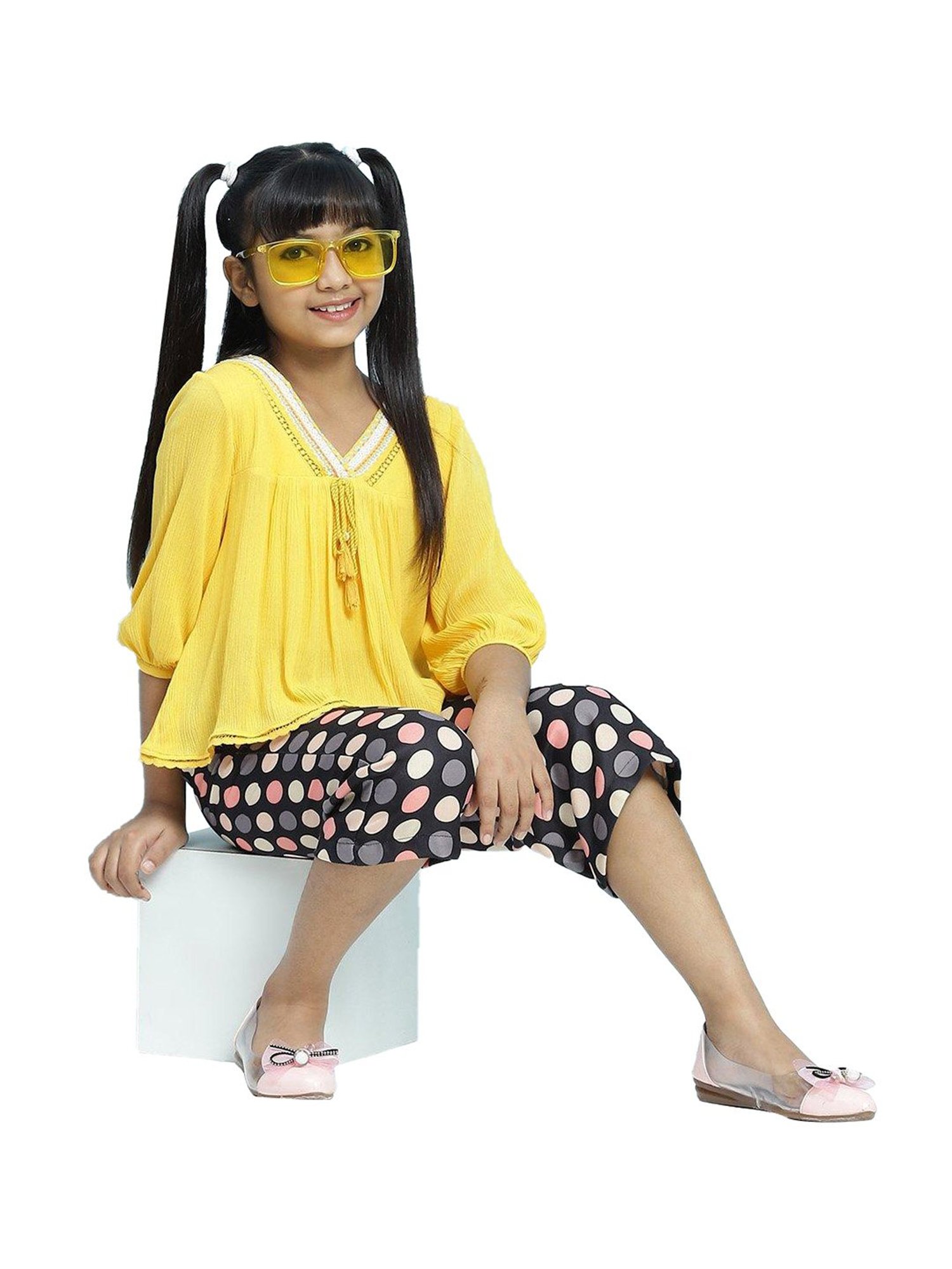 BIBA Girls Yellow Solid Top