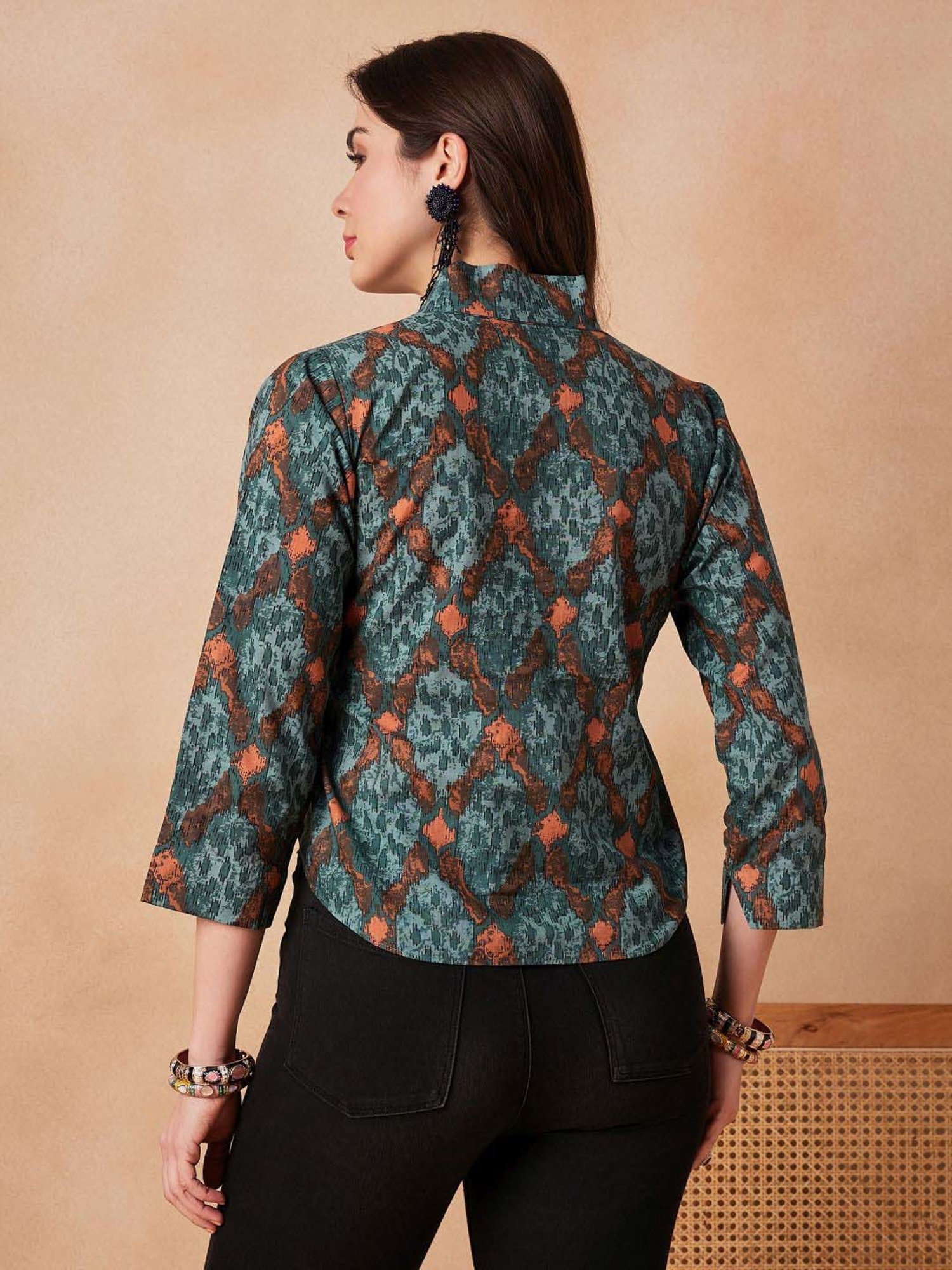 Inweave Blue & Brown Cotton Printed Top