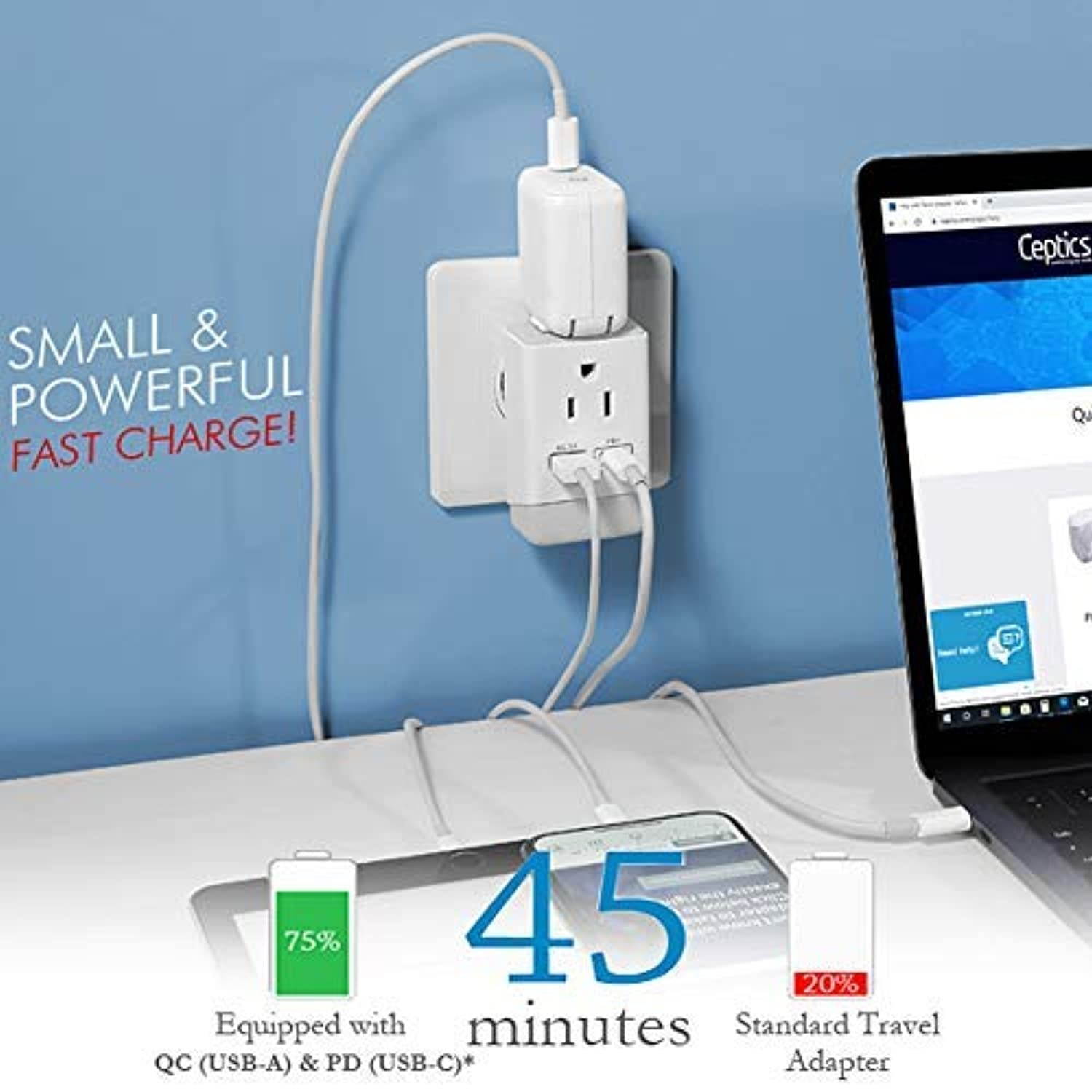 European Travel Power Plug Adapter QC 3.0  and  PD by Ceptics, Safe Dual USB  and  USB-C - 2 USA Socket - Compact  and  Powerful - Use in Greece Italy Switzerland Turkey Portugal - Type C AP-9 (AP-9C)