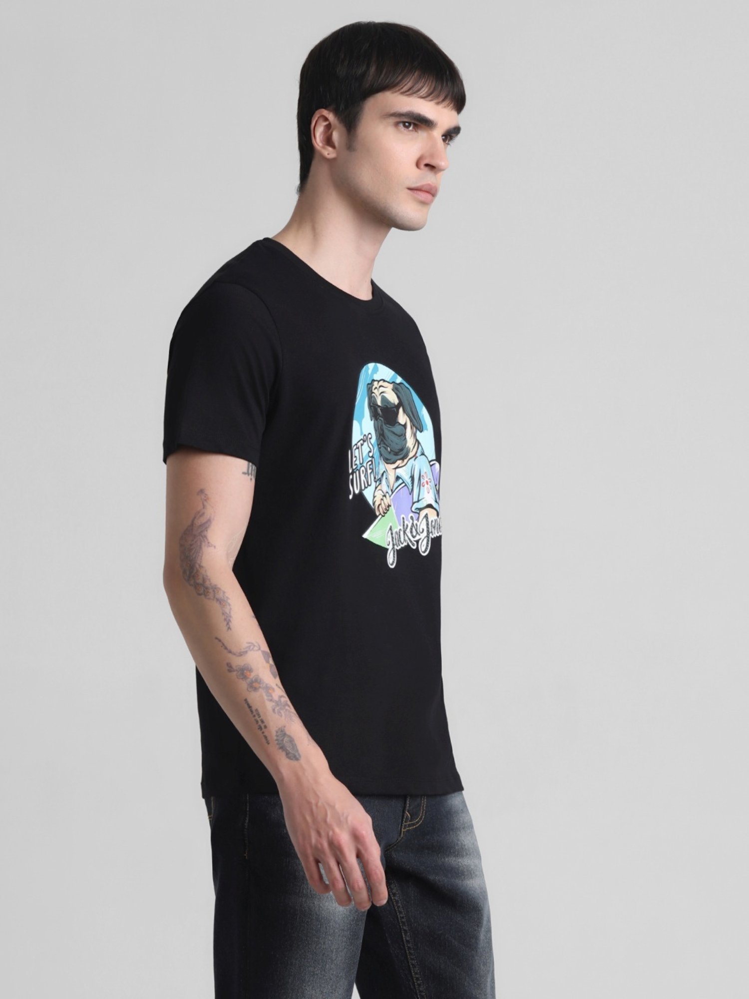 Jack & Jones Jet Black Cotton Regular Fit Printed T-Shirt