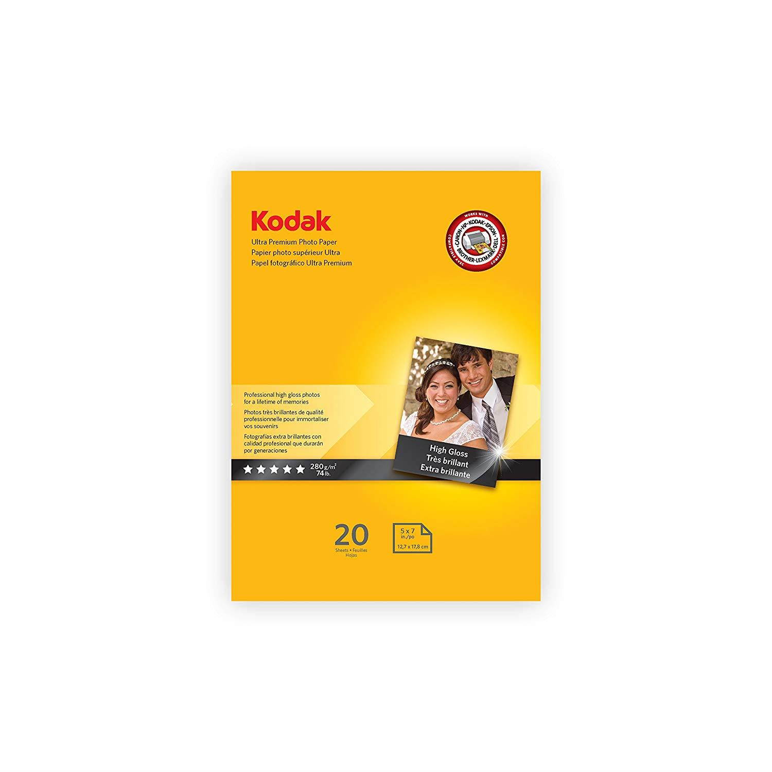 Kodak Ultra Premium Photo Paper for inkjet printers, Gloss Finish, 10.7 mil thickness, 20 sheets, 5  x 7  (1801711)