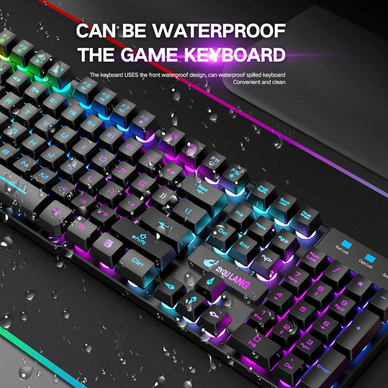 Rainbow backlit wireless keyboard and mouse set, rechargeable 4000mAh battery, mechanical ergonomic touch, waterproof and silent mouse, suitable for laptop, PC, home office