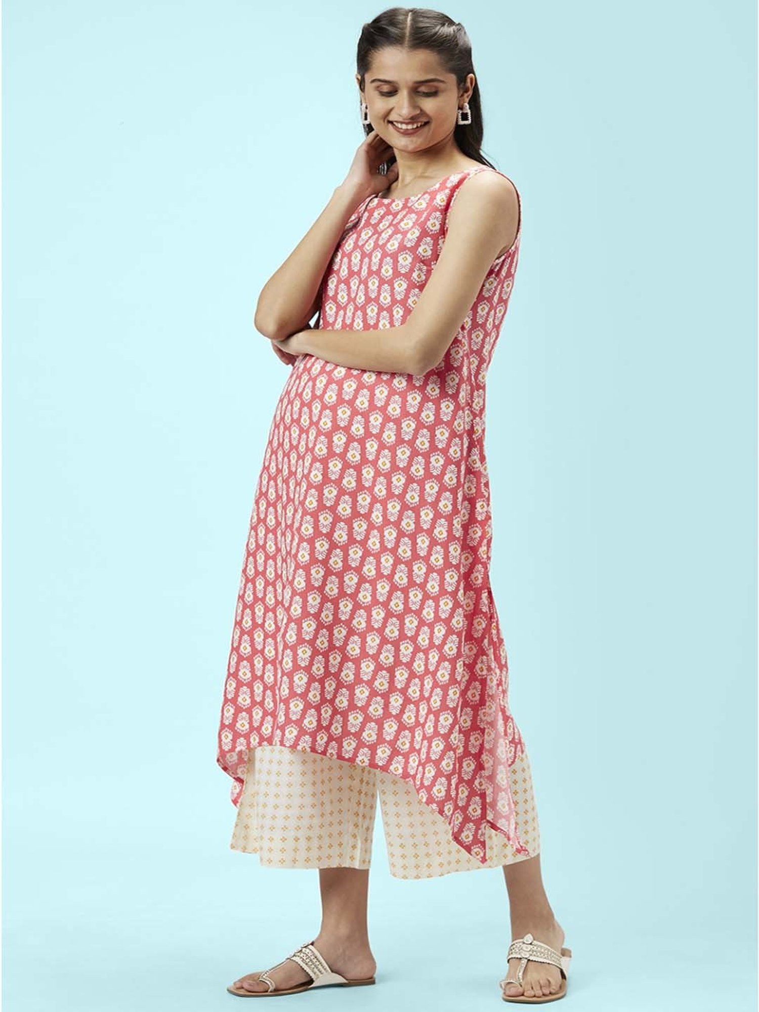 Rangmanch by Pantaloons Pink & White Printed Kurta Palazzo Set