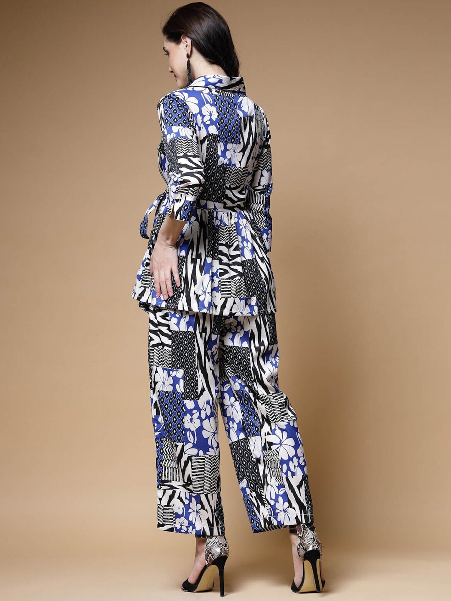 Melon by PlusS Blue Printed Shirt Pant Set With Waist Belt