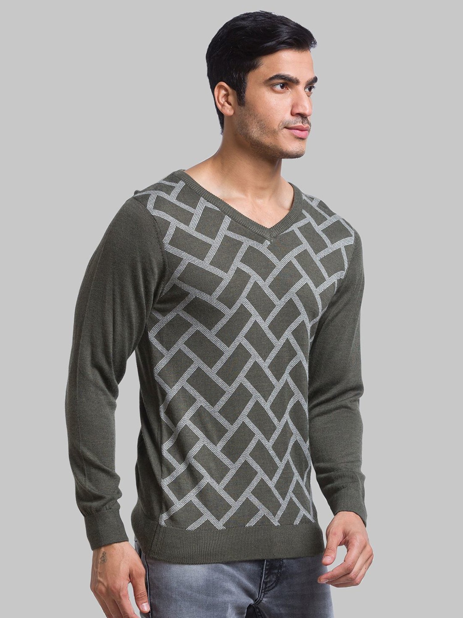Parx Green Regular Fit Printed Sweater