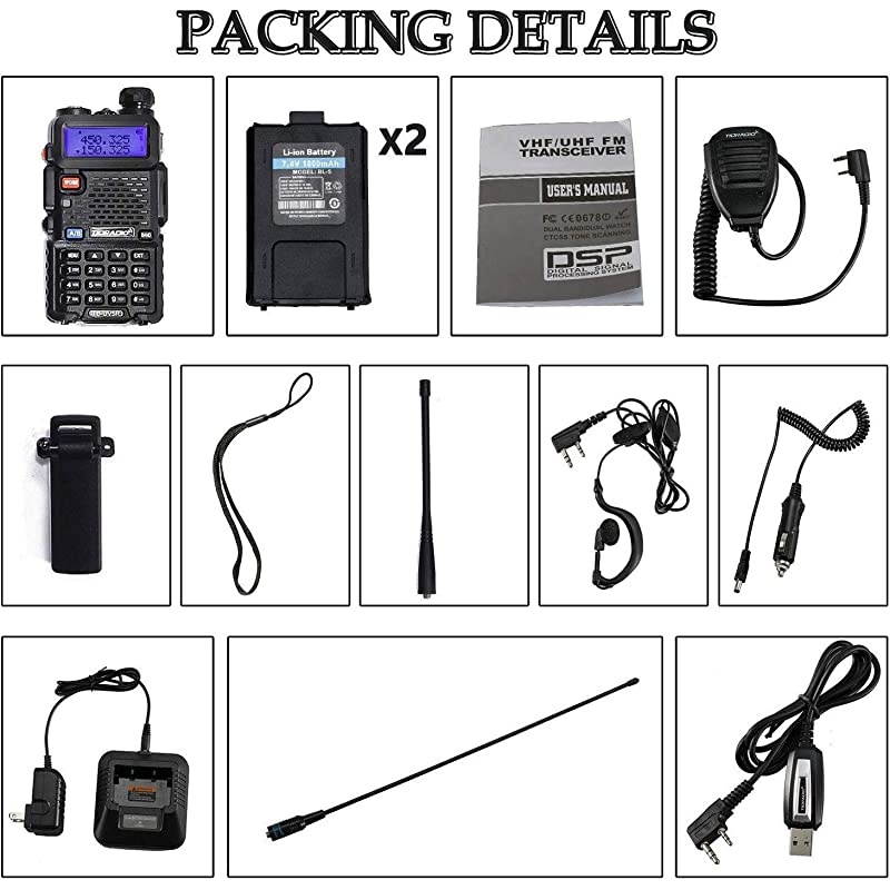 UV-5R Ham Radio Handheld Walkie Talkies with Double Battery Earpiece Hand Mic and Programming Cable Full Kit
