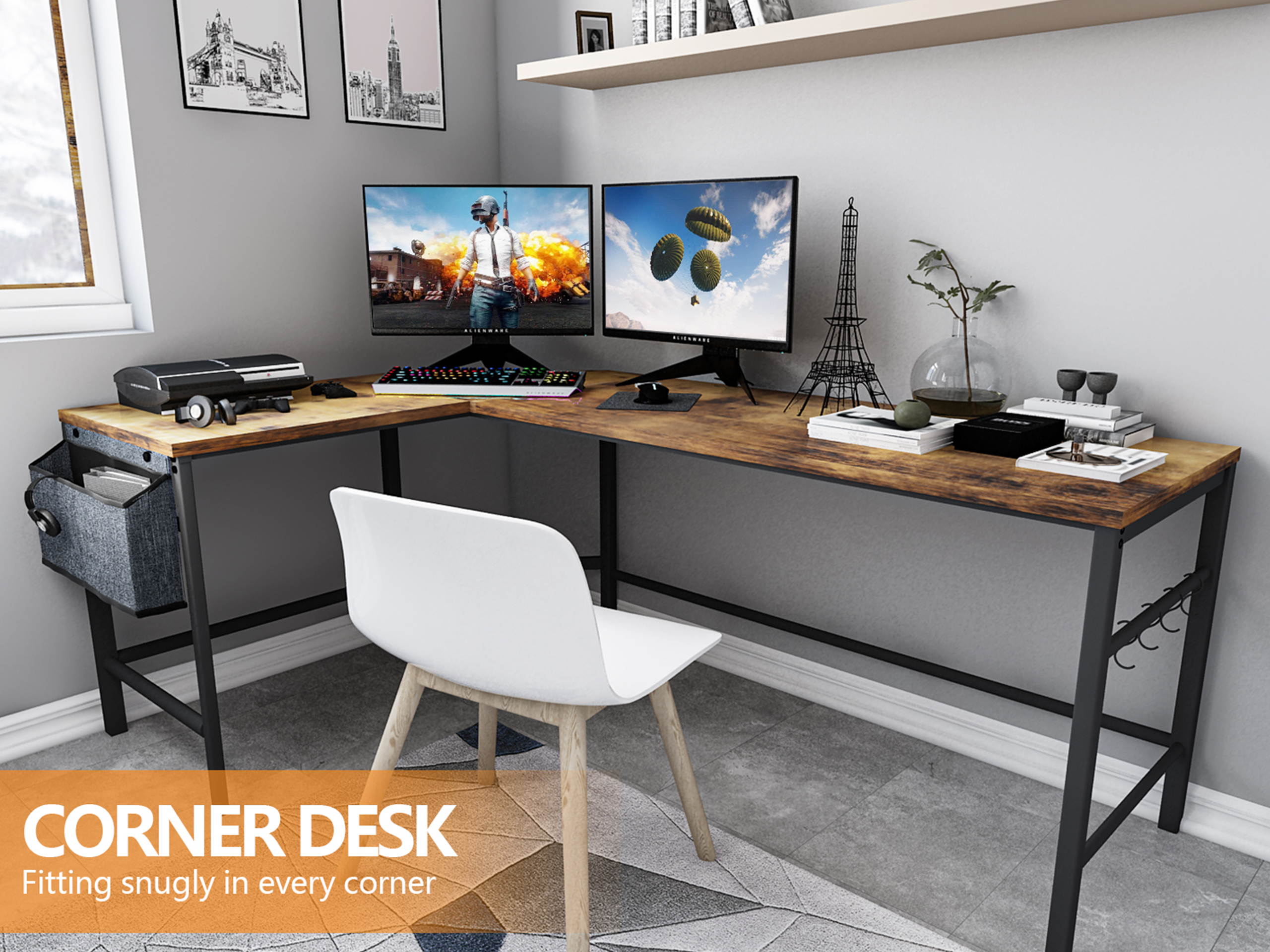 L-Shaped Computer Desk, Large Home Office Desk with Storage Bag and Iron Hook, Industrial Gaming Writing Study Desk, Computer Gaming Desk, Space-Saving Corner Work Station