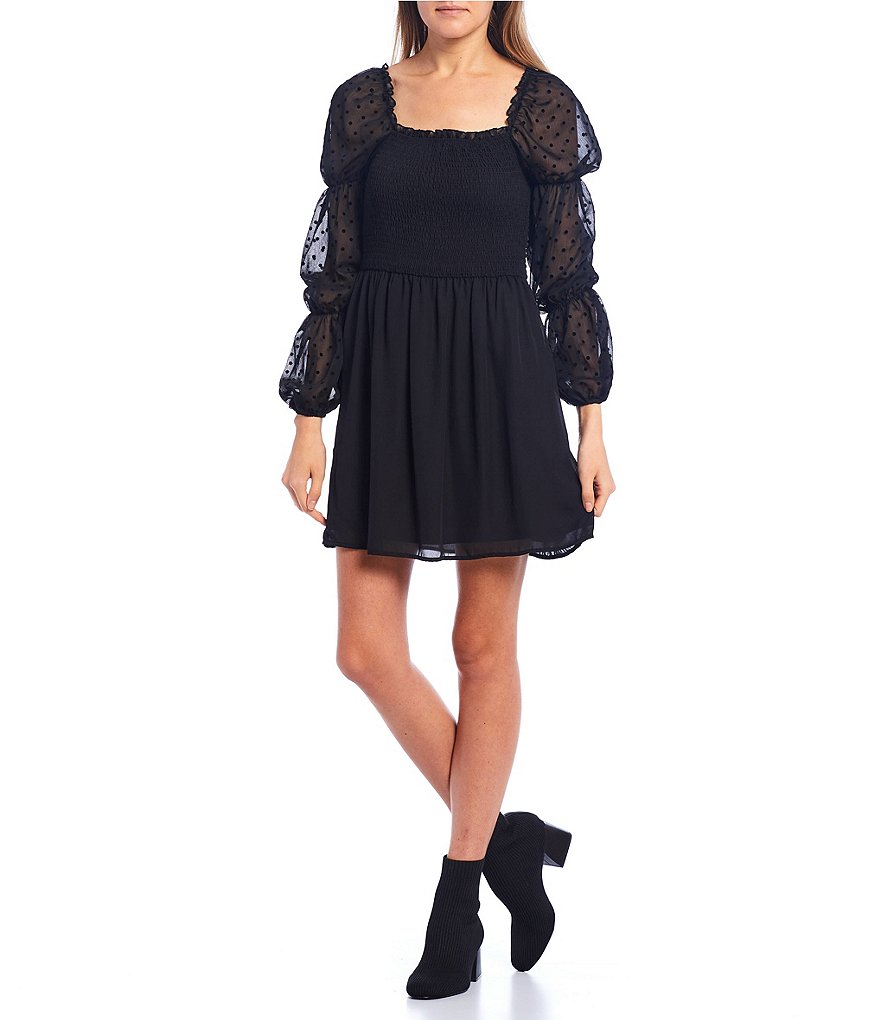 Allison & Kelly Balloon-Sleeve Flocked Dot Smocked Bodice Dress