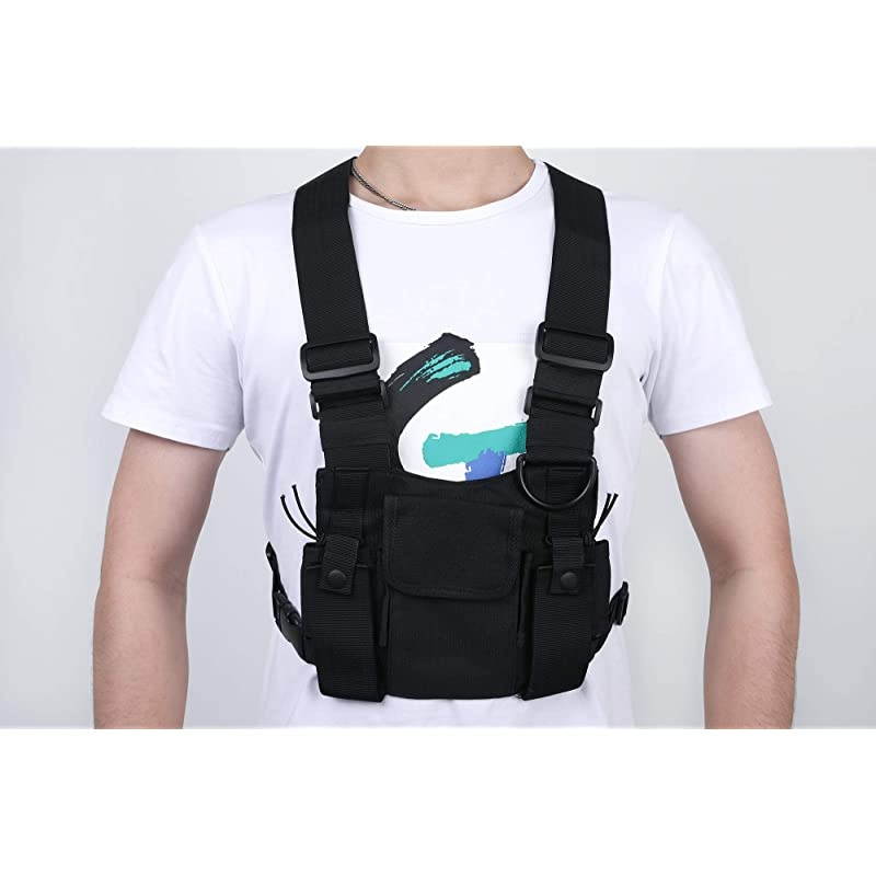 Chest Harness Rig Holster Pack with Front Pouches and Zipper Bag for Universal Walkie Talkies