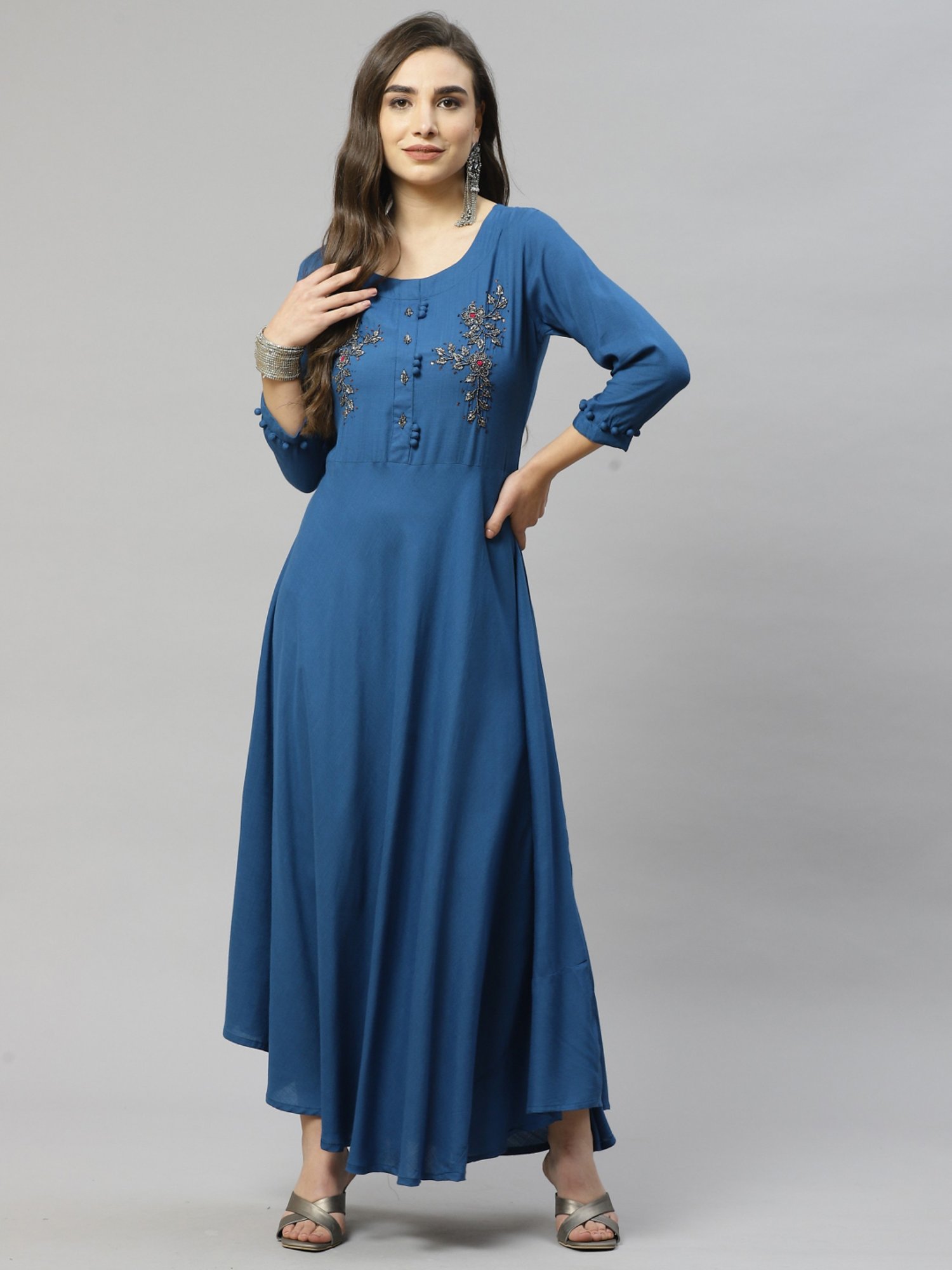HIGHLIGHT FASHION EXPORT Teal Blue Embellished Maxi Dress