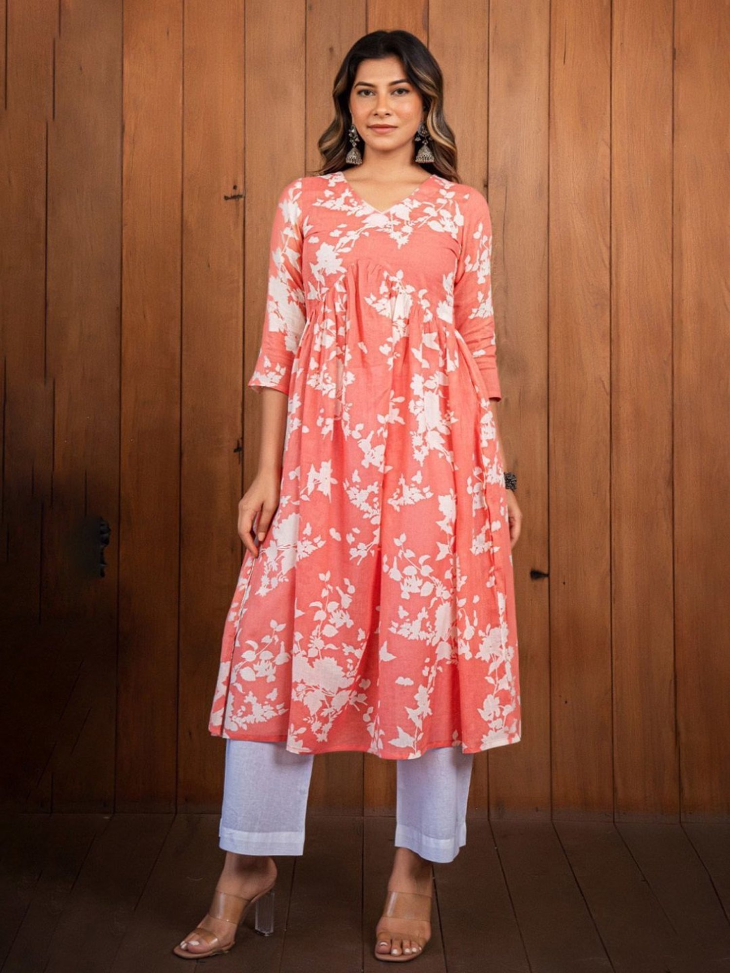 Eeshva India Coral Pink Reverse Dyed Pleated Kurta