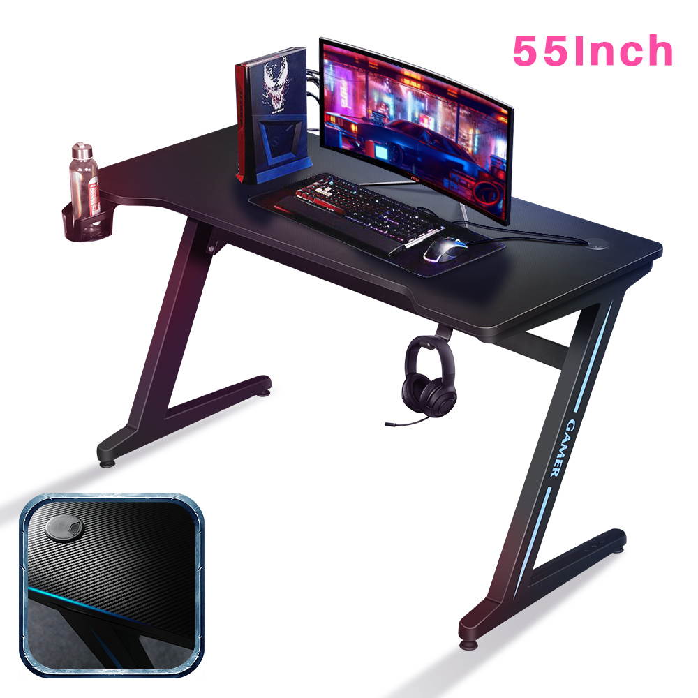 TROPRO Large Gaming Desk 55 Inch Computer Gaming Desk E-Sports Racing Table with with Cup Holder, Headphone Hook for Home Office, Black