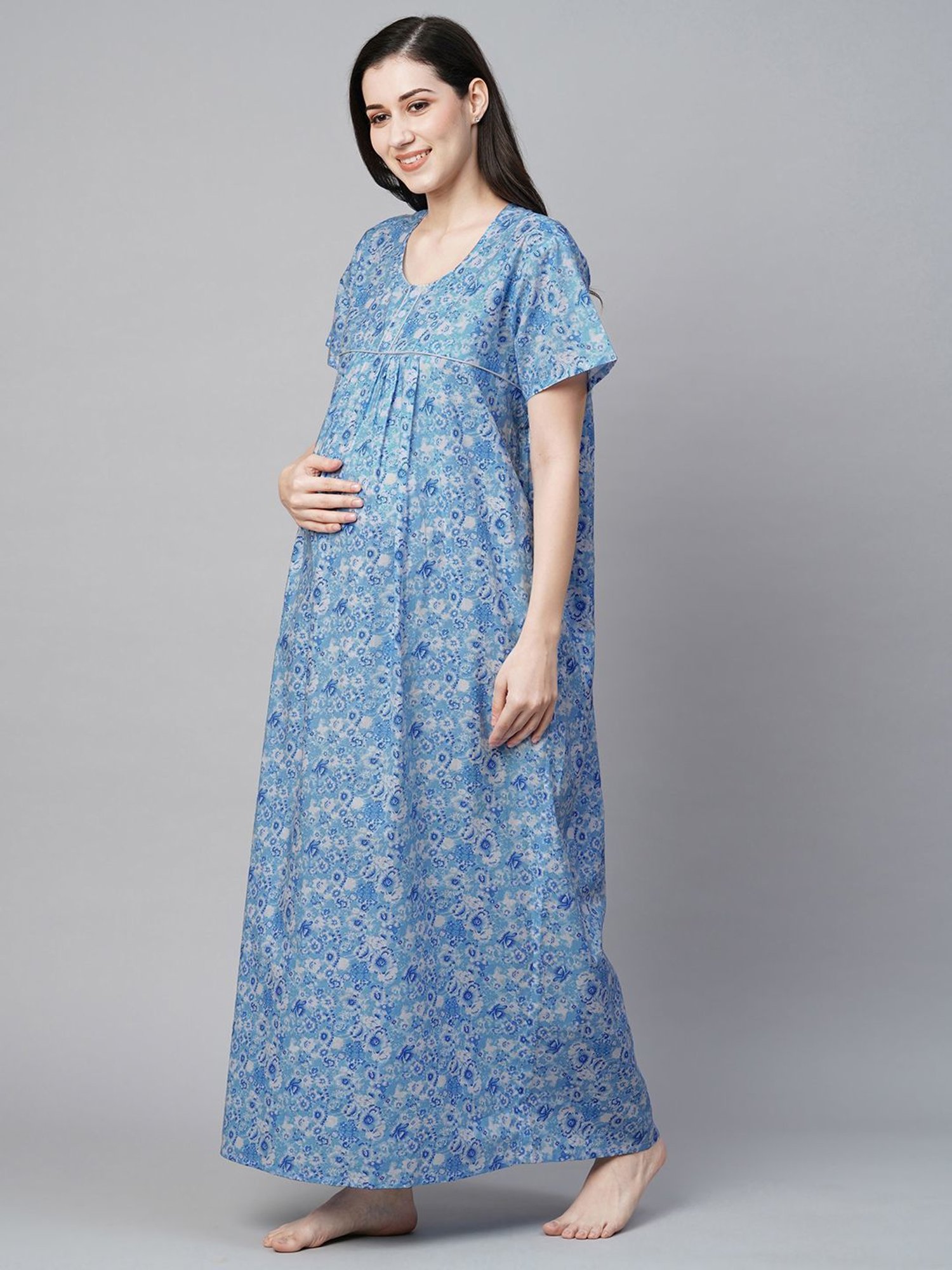 MomToBe Blue Cotton Printed Feeding Nighty