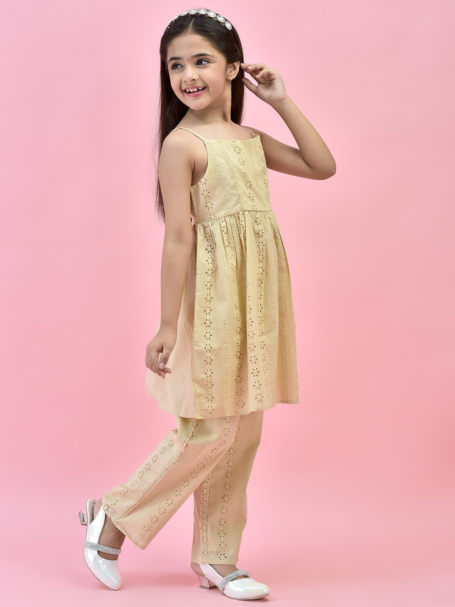 Juniper Girls Beige Self Design Kurta With Pants