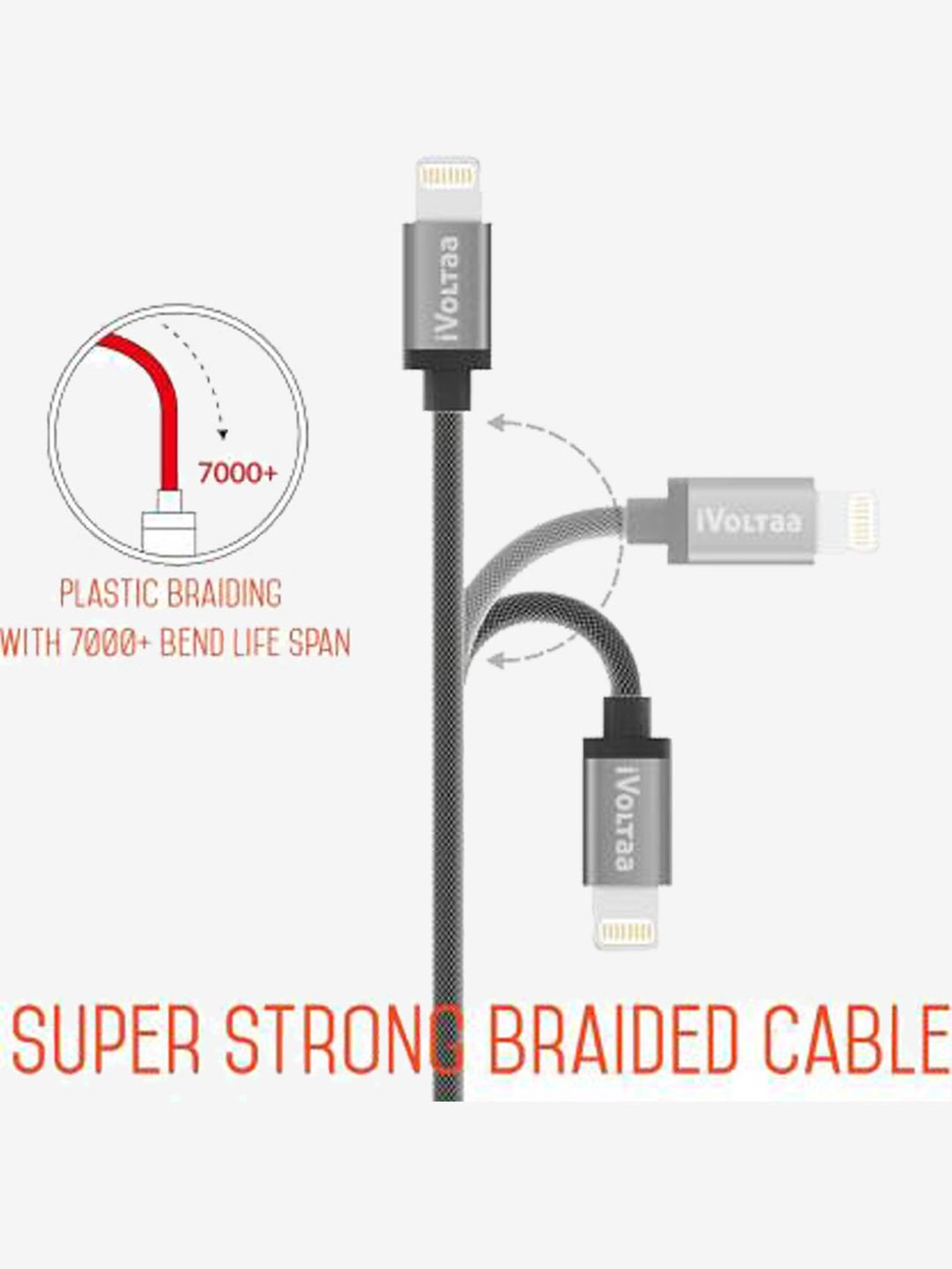 iVoltaa MFi Certified Original 6ft Metal Braided Rugged 2.1 A  Lightning Cable (Space Grey)