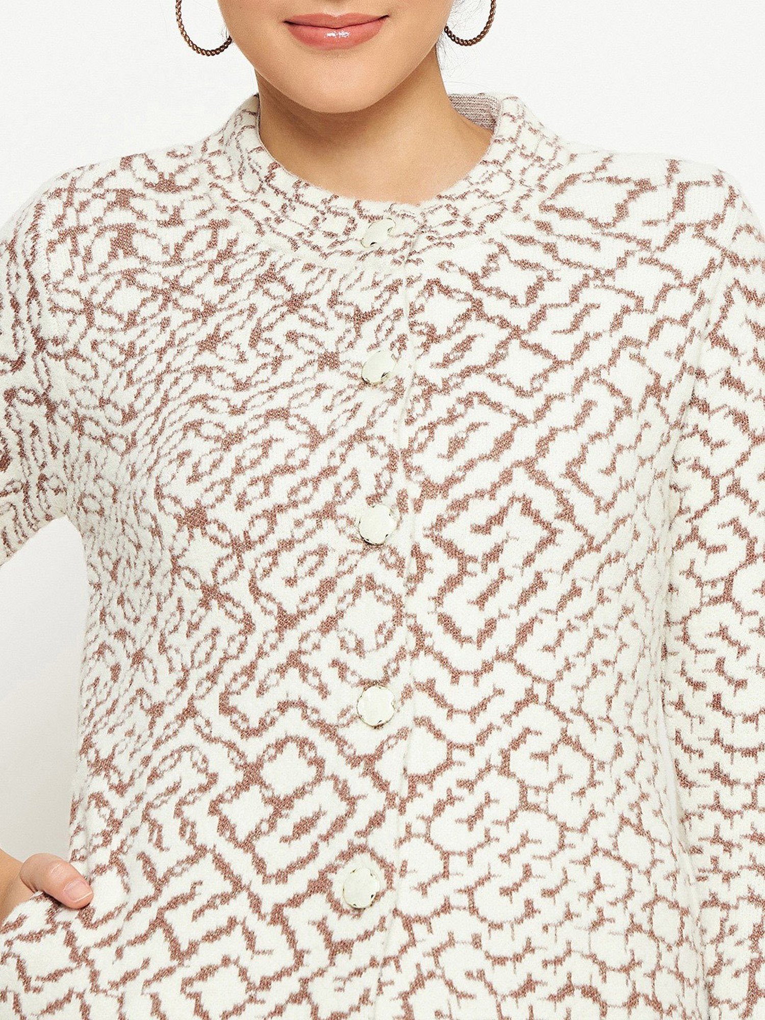 Duke Off White & Brown Printed Cardigan