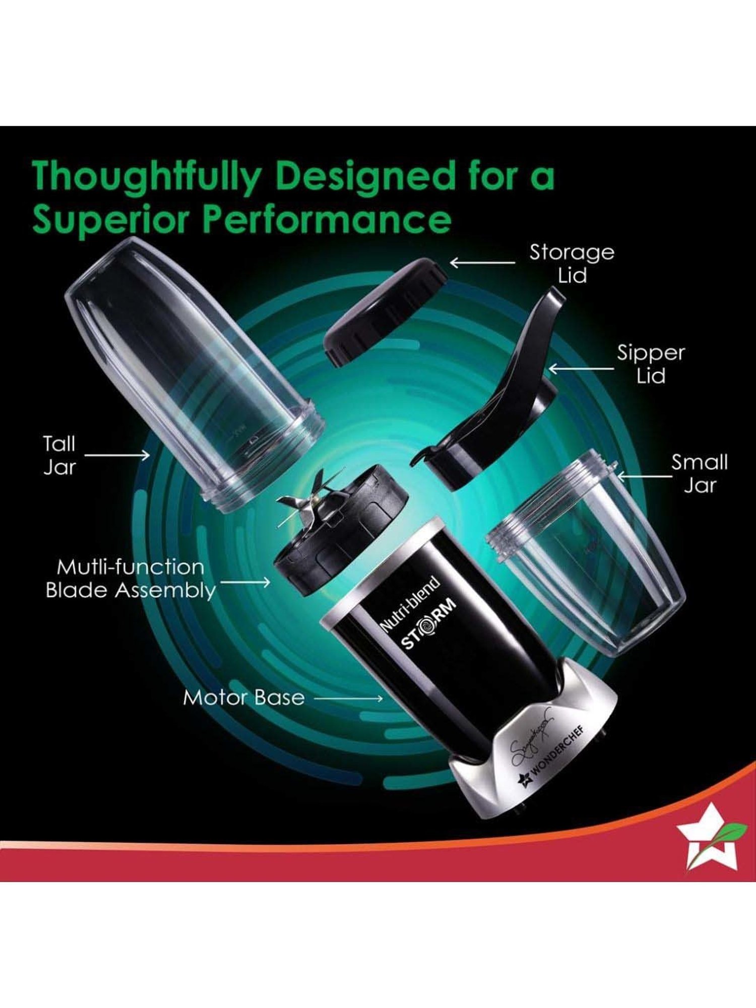 Wonderchef Nutri-Blend Storm 22000 RPM Mixer Grinder with Sipper Attachment & 2 Jars (1200W, Black)