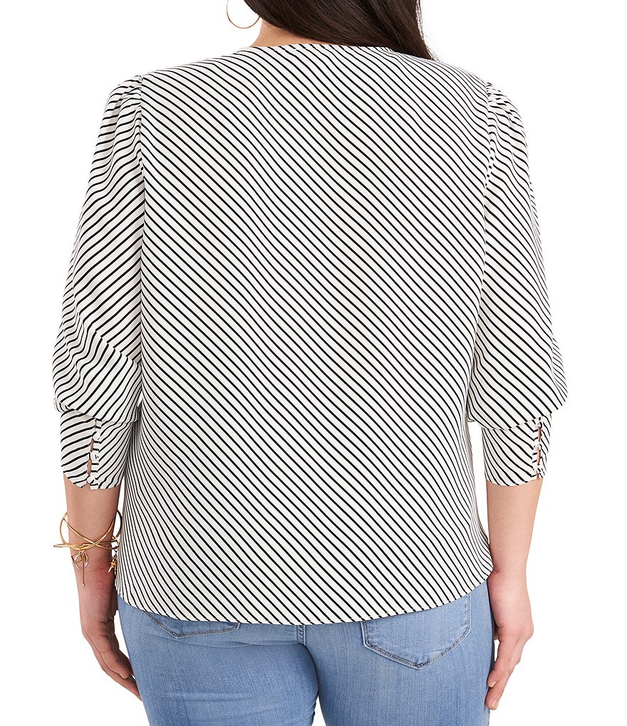 Vince Camuto Plus Size V-Neck 3/4 Sleeve Puff Shoulder Diagonal Stripe Top